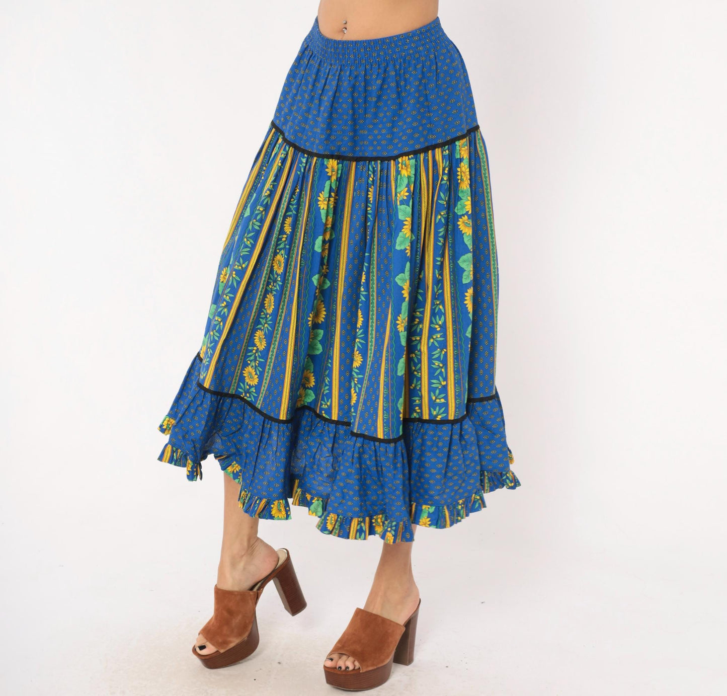 90s Solymod Sunflower Tiered Midi Skirt Blue Cotton Ruffle Small