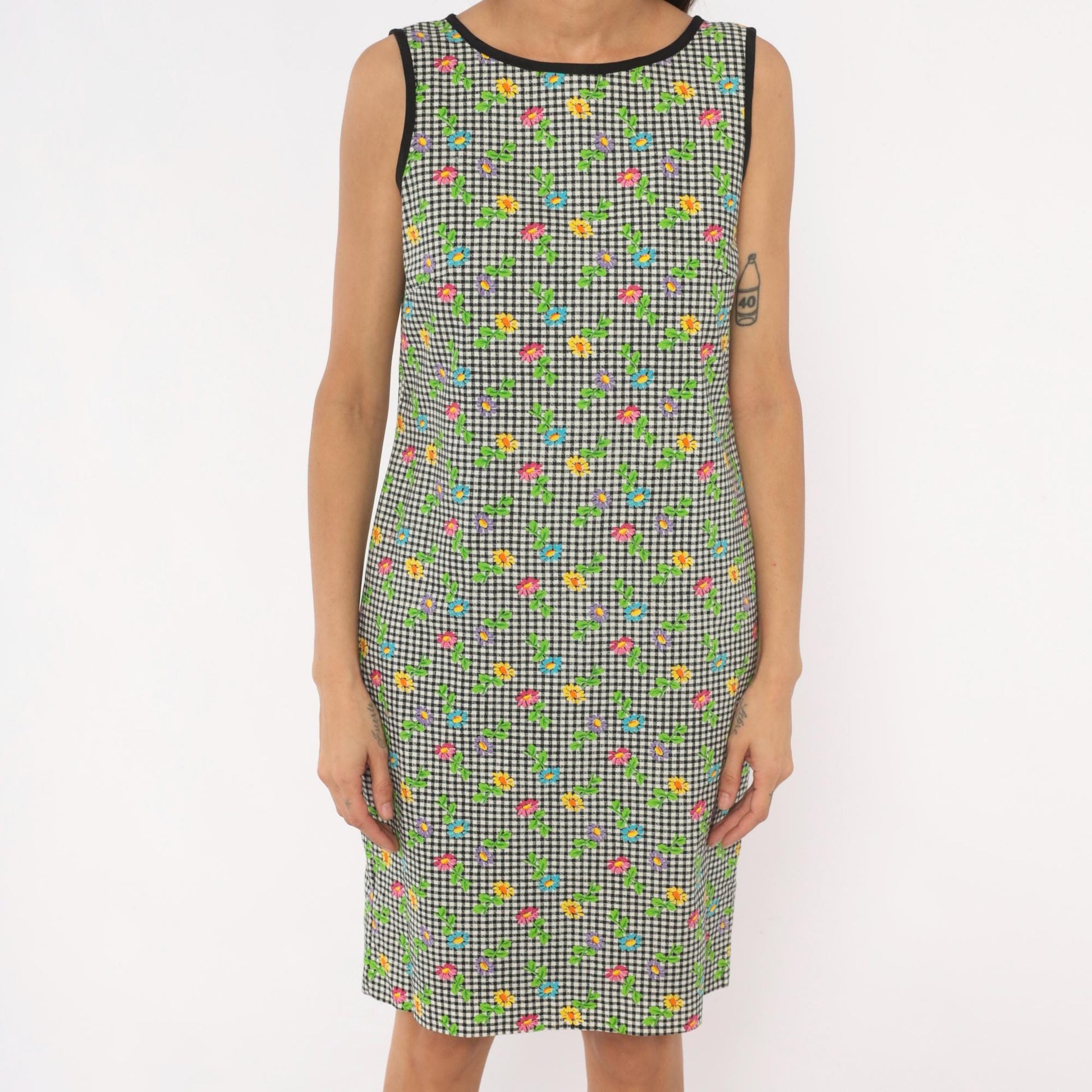 90s Misty Lane Gingham Daisy Shift Dress Cotton Black White Small