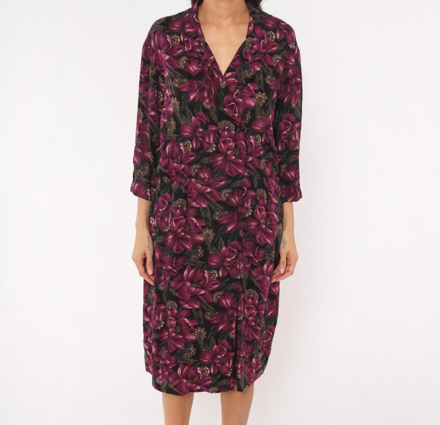 90s Plum Floral Wrap Dress V-Neck Button Front Knee-Length Large