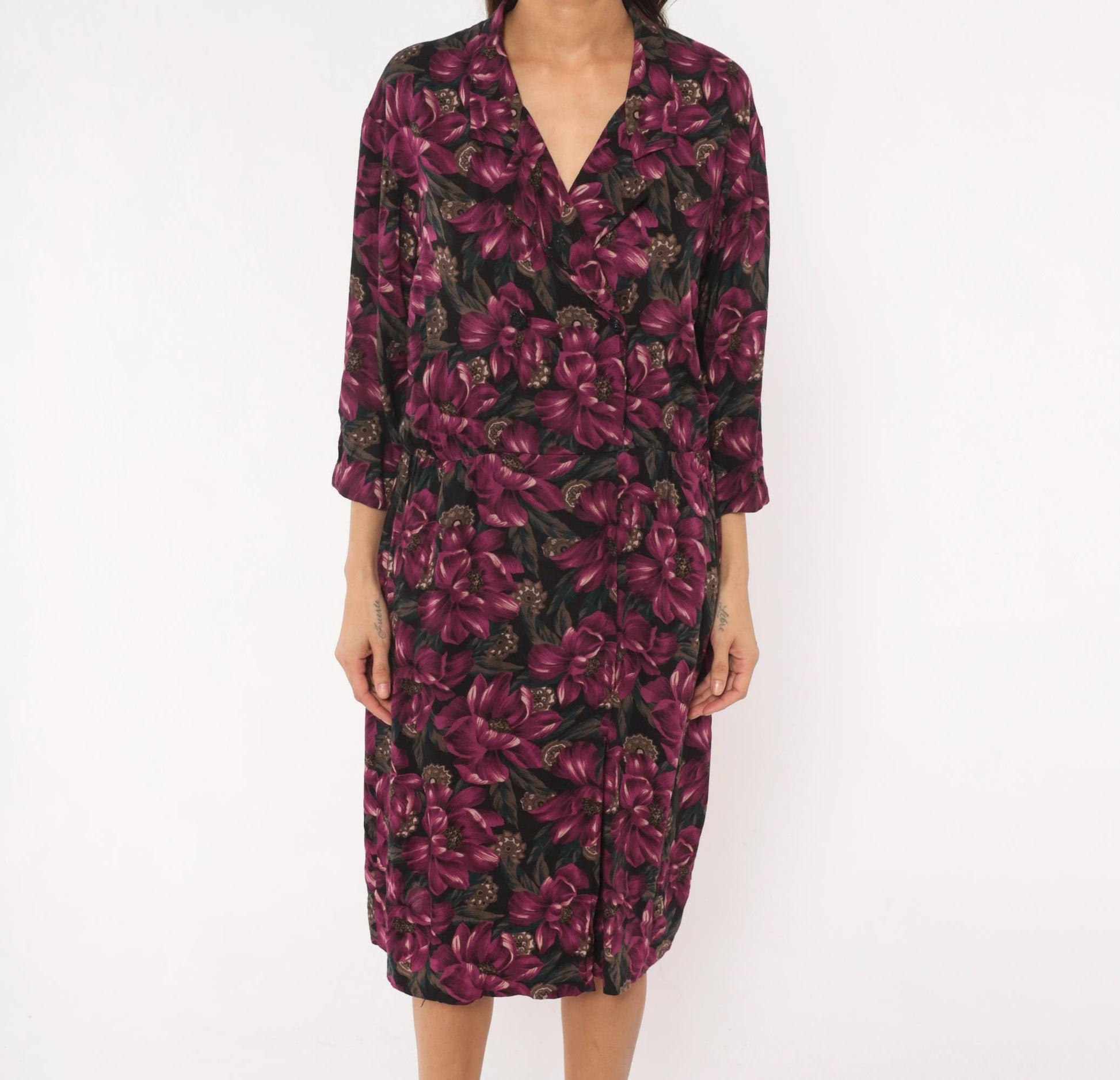 90s Plum Floral Wrap Dress V-Neck Button Front Knee-Length Large