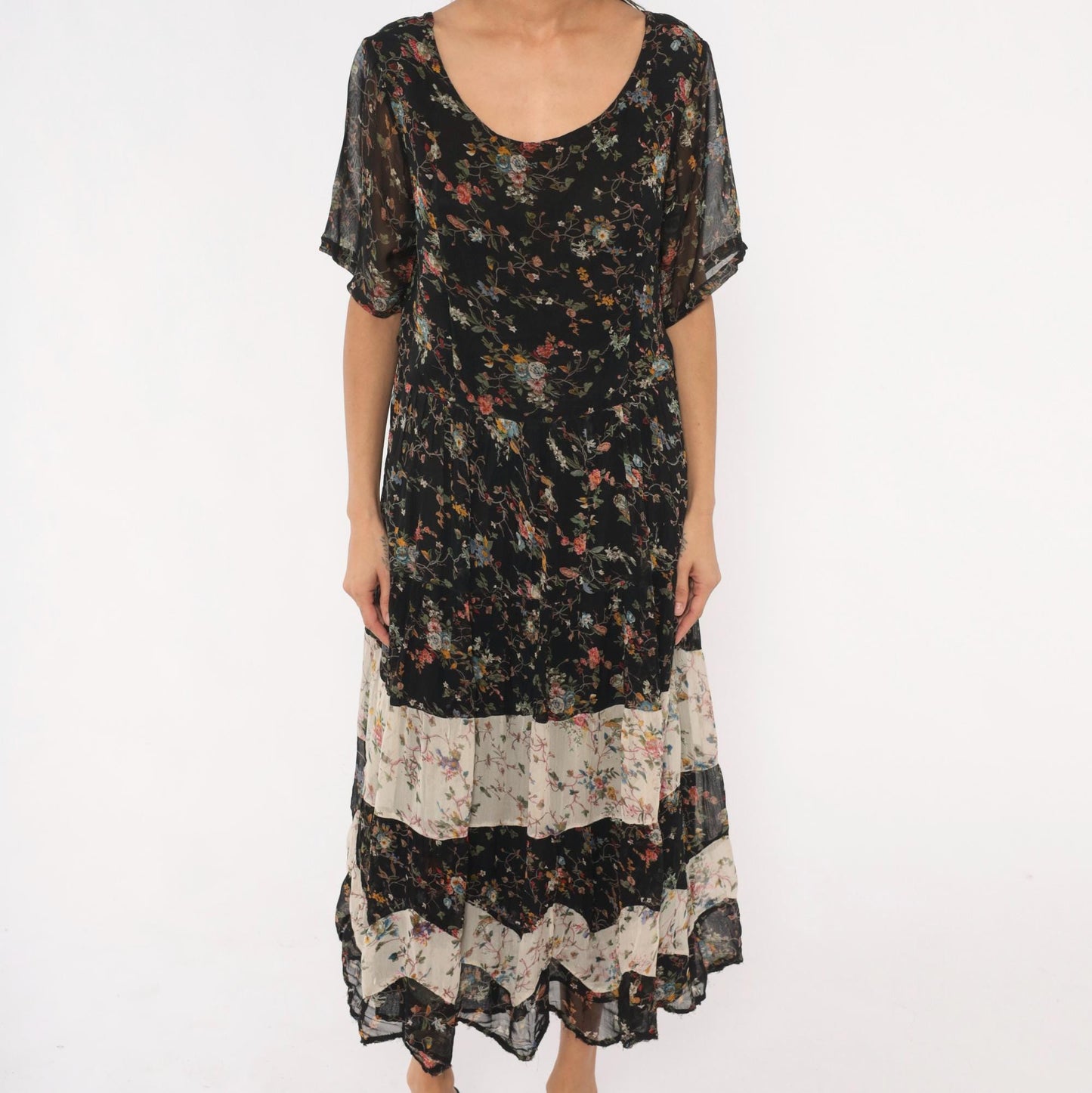90s Bila Black Floral Maxi Dress Tiered Patchwork Short Sleeve Large L