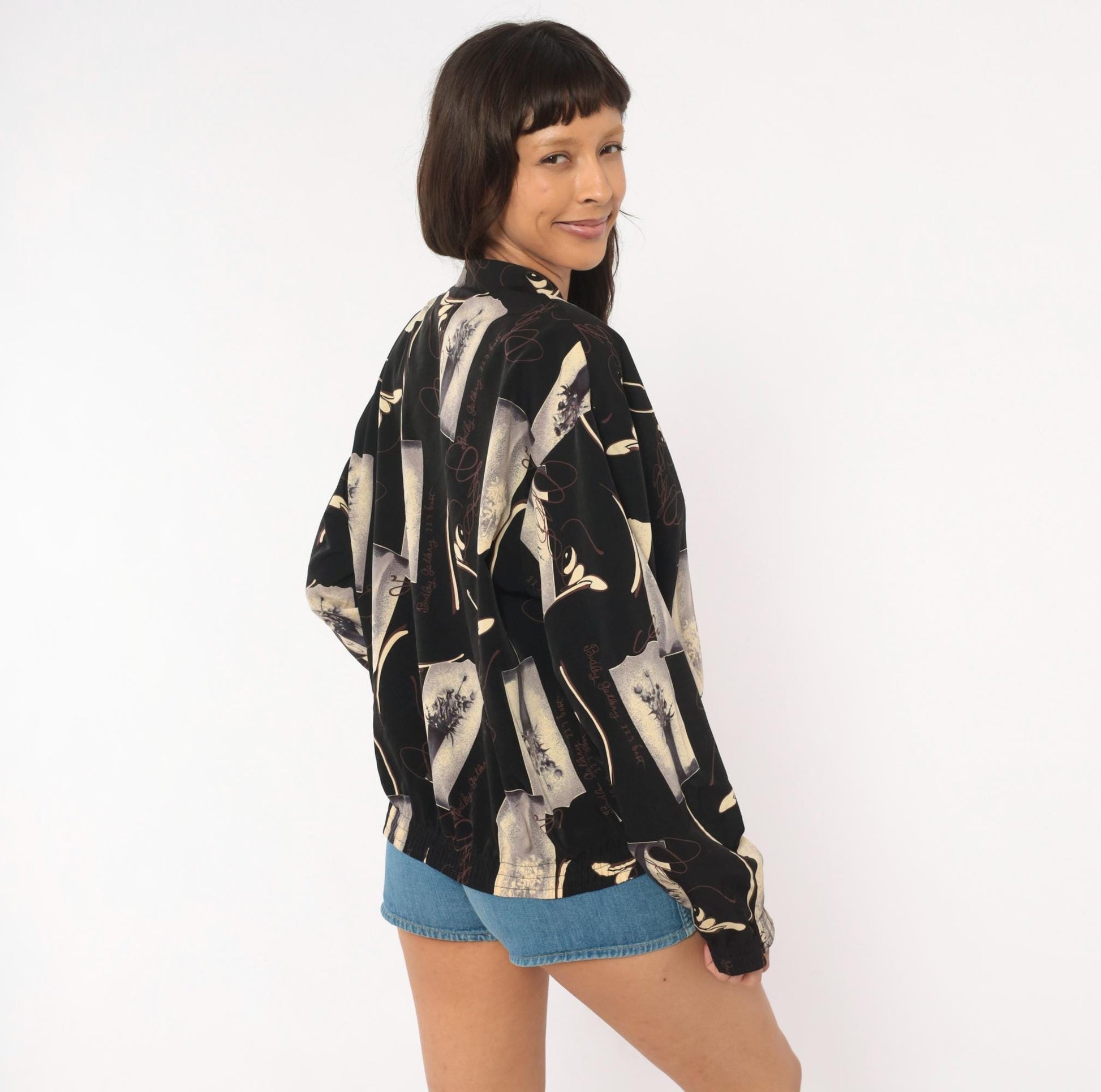 90s Kensington Square Bomber Jacket Black Cream Floral Vase Graphic Large