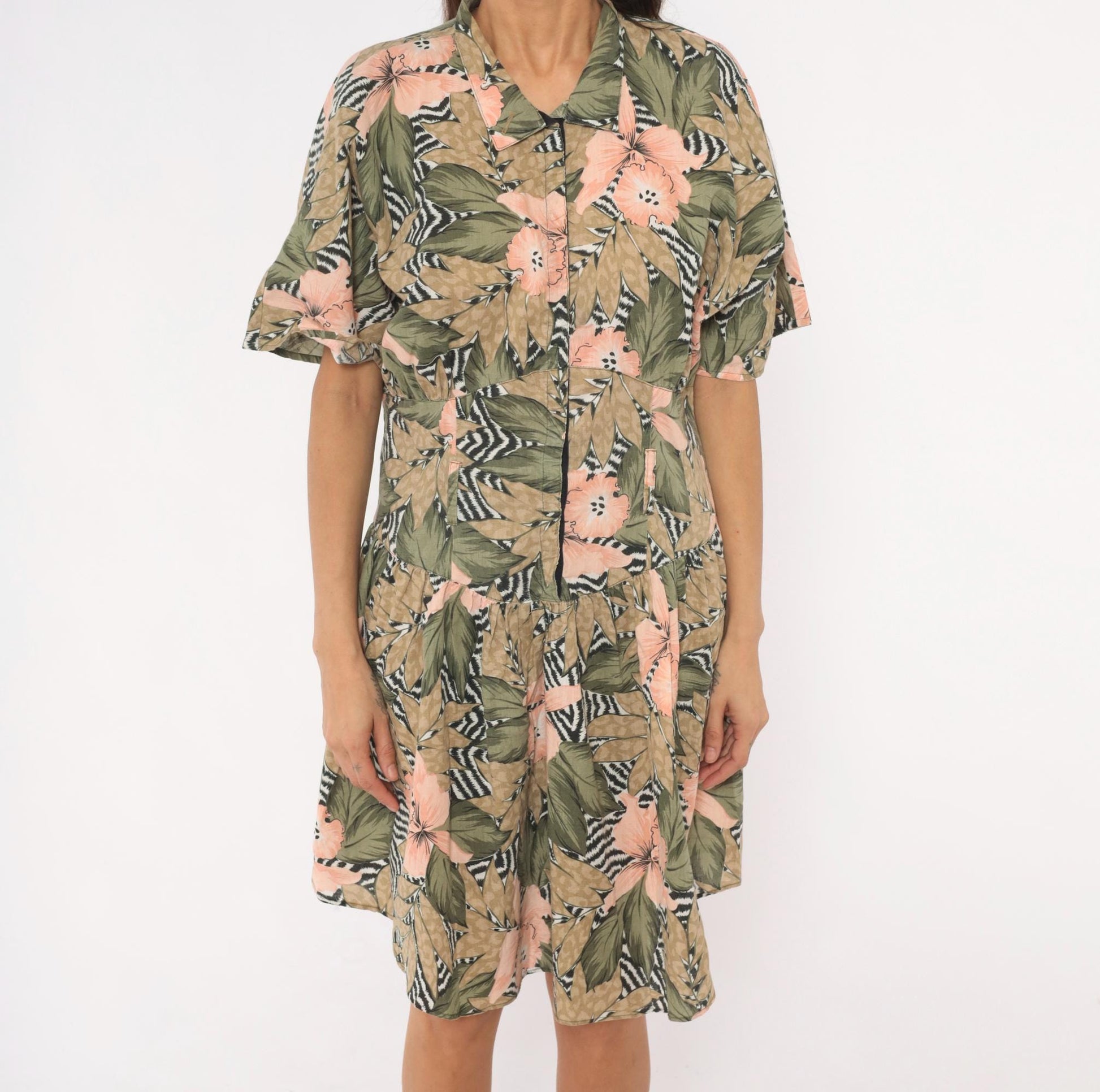 90s Tropical Hibiscus Shirt Dress Floral Print Drop Waist Snap Front Large L