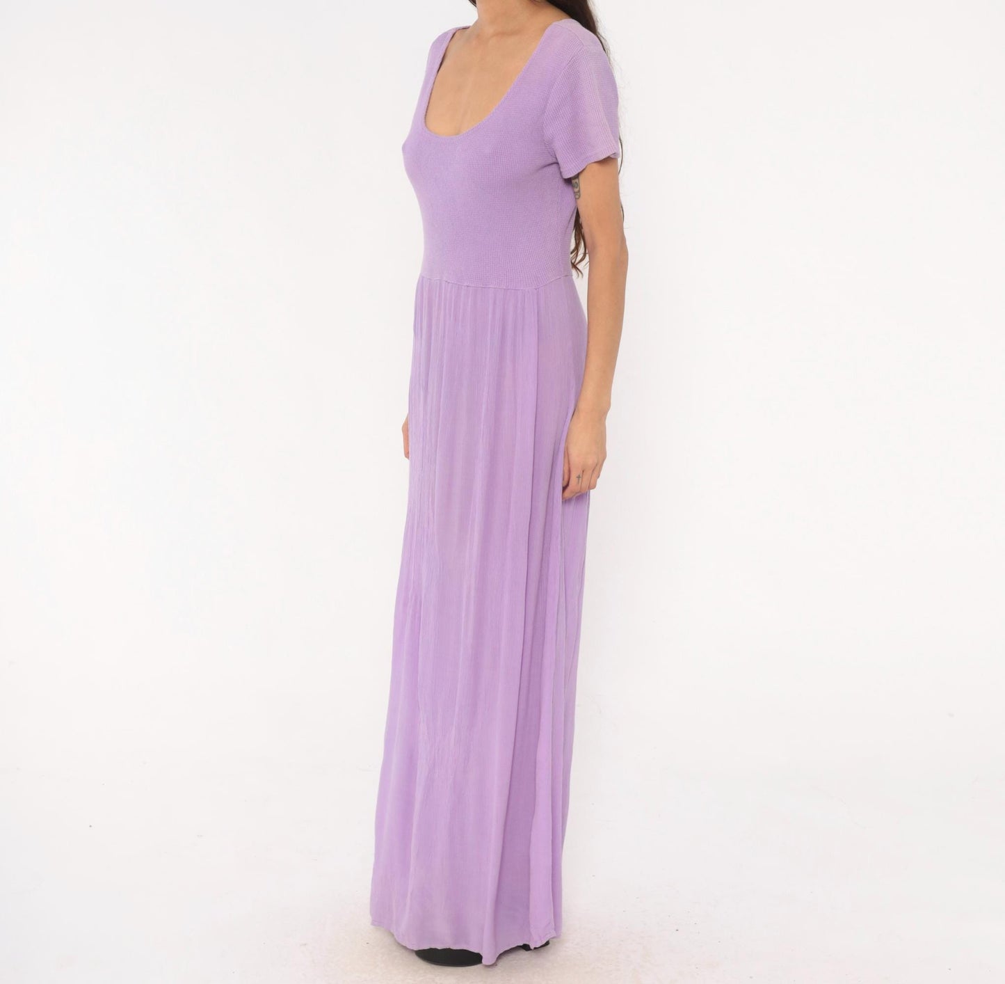 90s Basement Lavender Waffle Knit Maxi Dress Flutter Sleeve Scoop Neck One Size