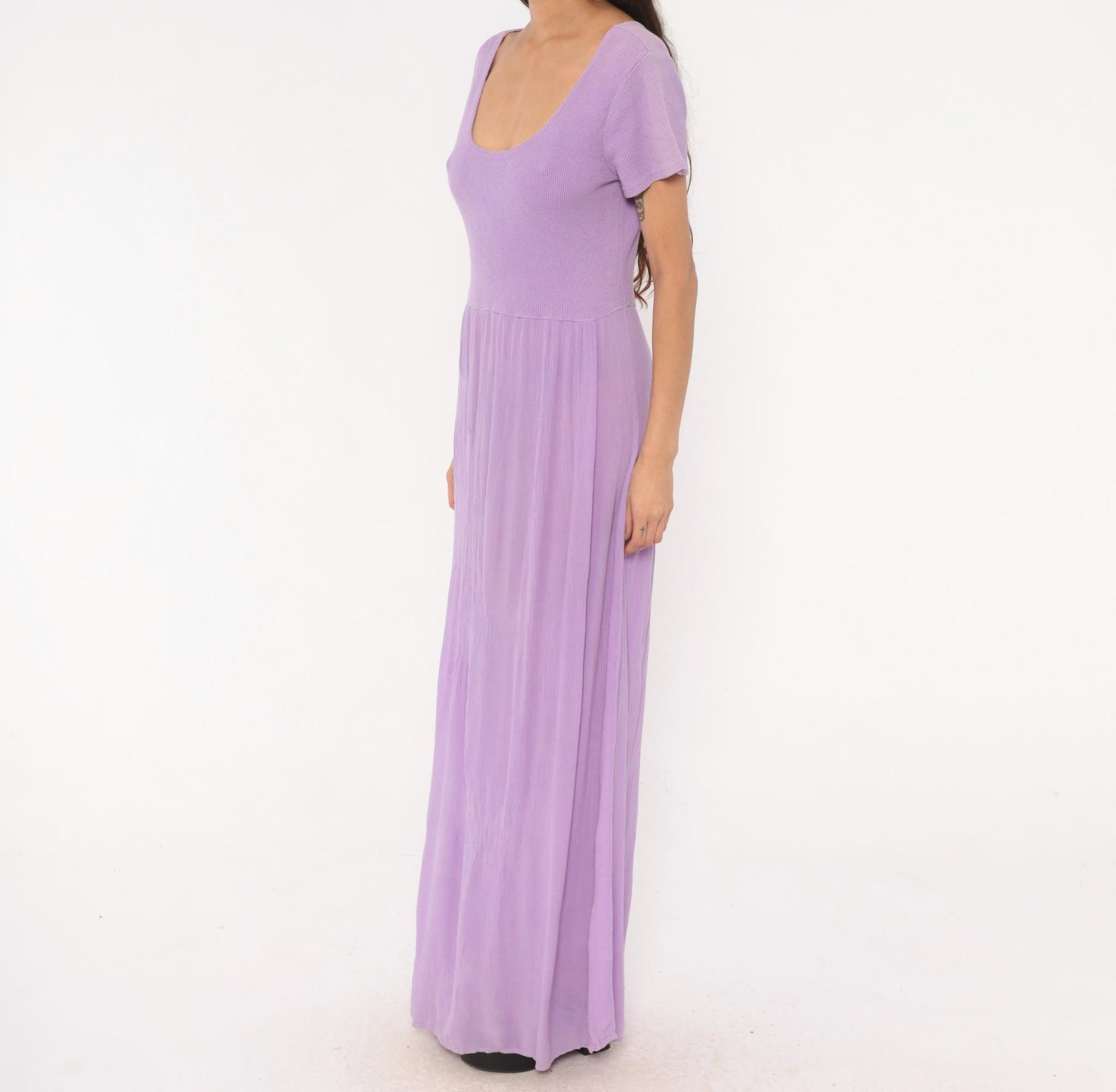 90s Basement Lavender Waffle Knit Maxi Dress Flutter Sleeve Scoop Neck One Size