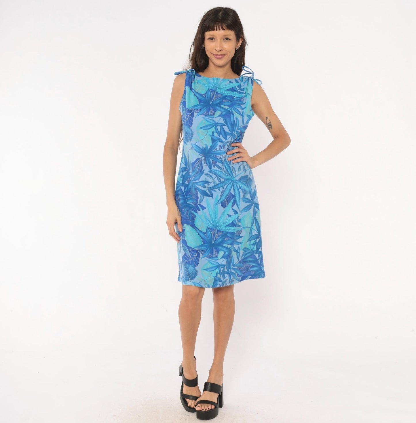 Y2K Rave City Blue Tropical Leaf Mini Dress Sleeveless Tie Shoulder Large L