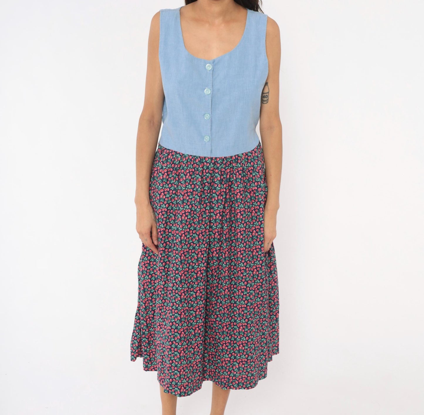 90s Raspberry Chambray Midi Dress Button Front Pockets Cotton Large L