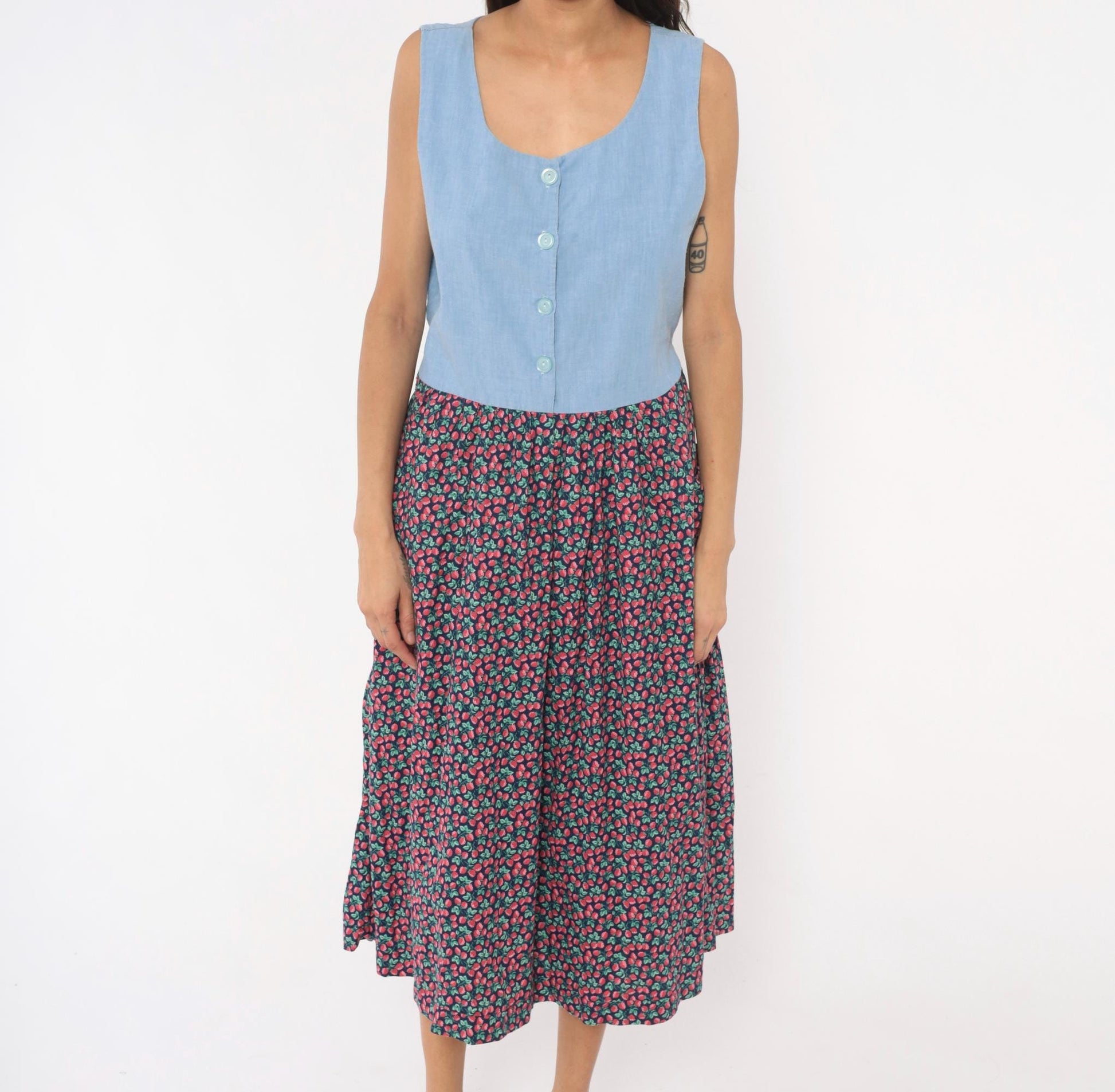 90s Raspberry Chambray Midi Dress Button Front Pockets Cotton Large L