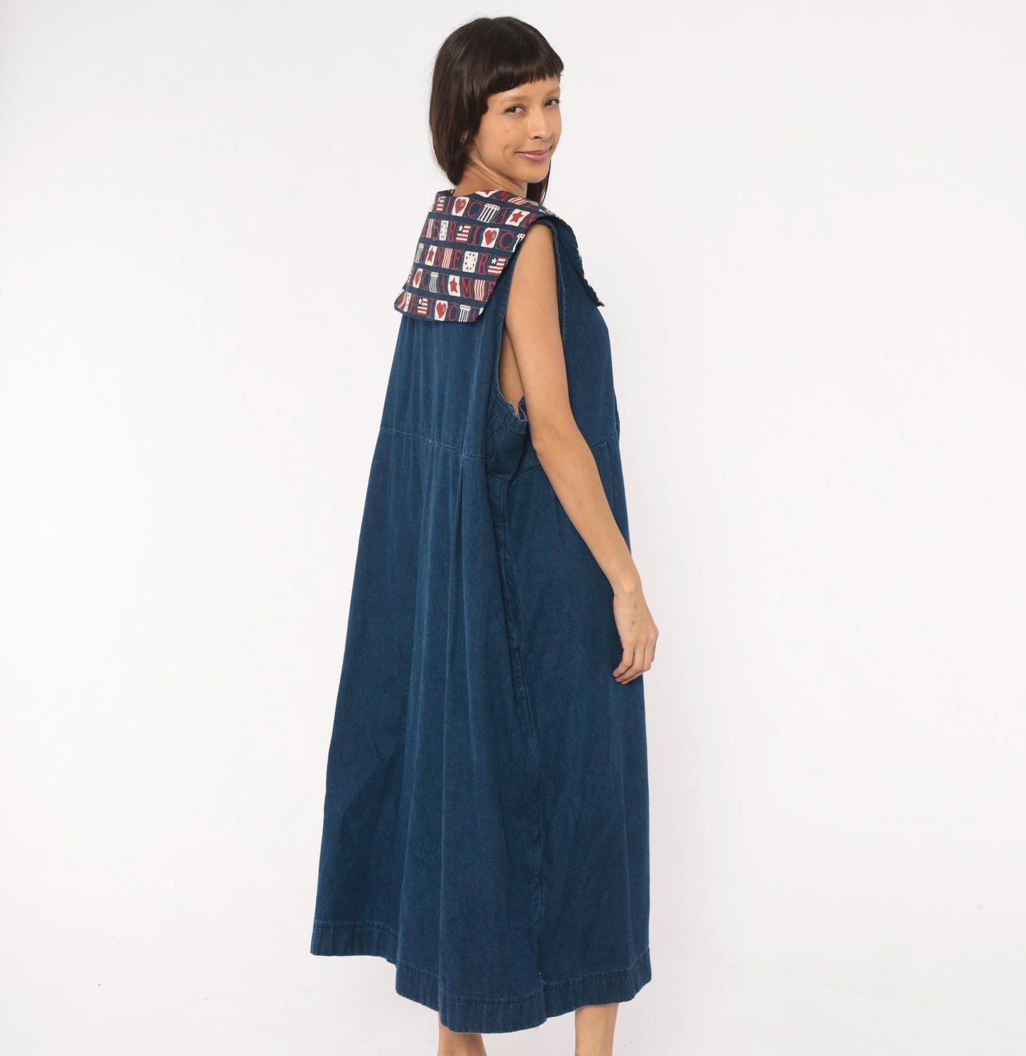 90s Americana Patchwork Denim Maxi Dress Navy Sailor Collar Plus Size XXL