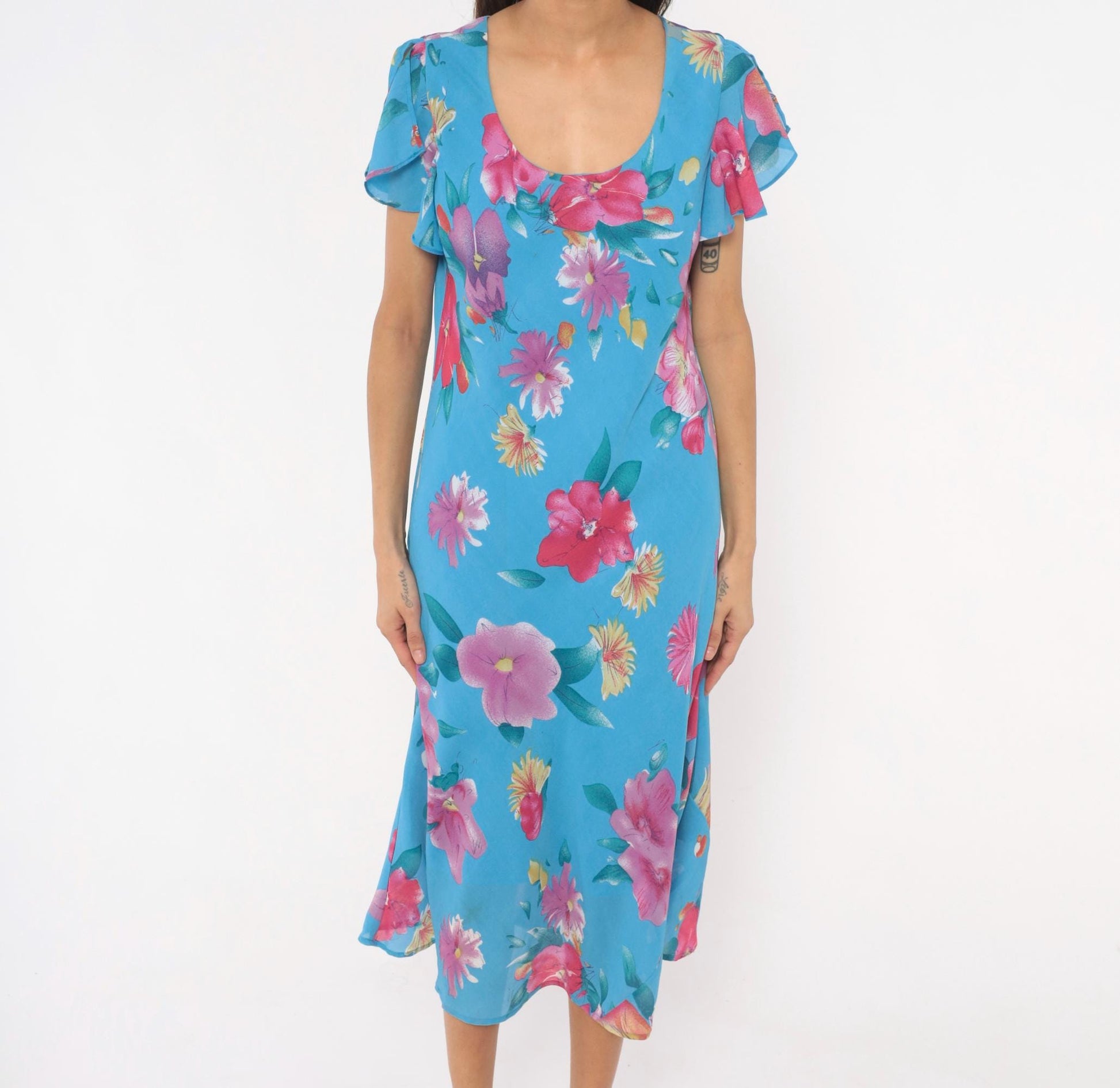 90s Southern Expressions Floral Midi Dress Sky Blue Flutter Sleeve Extra Large