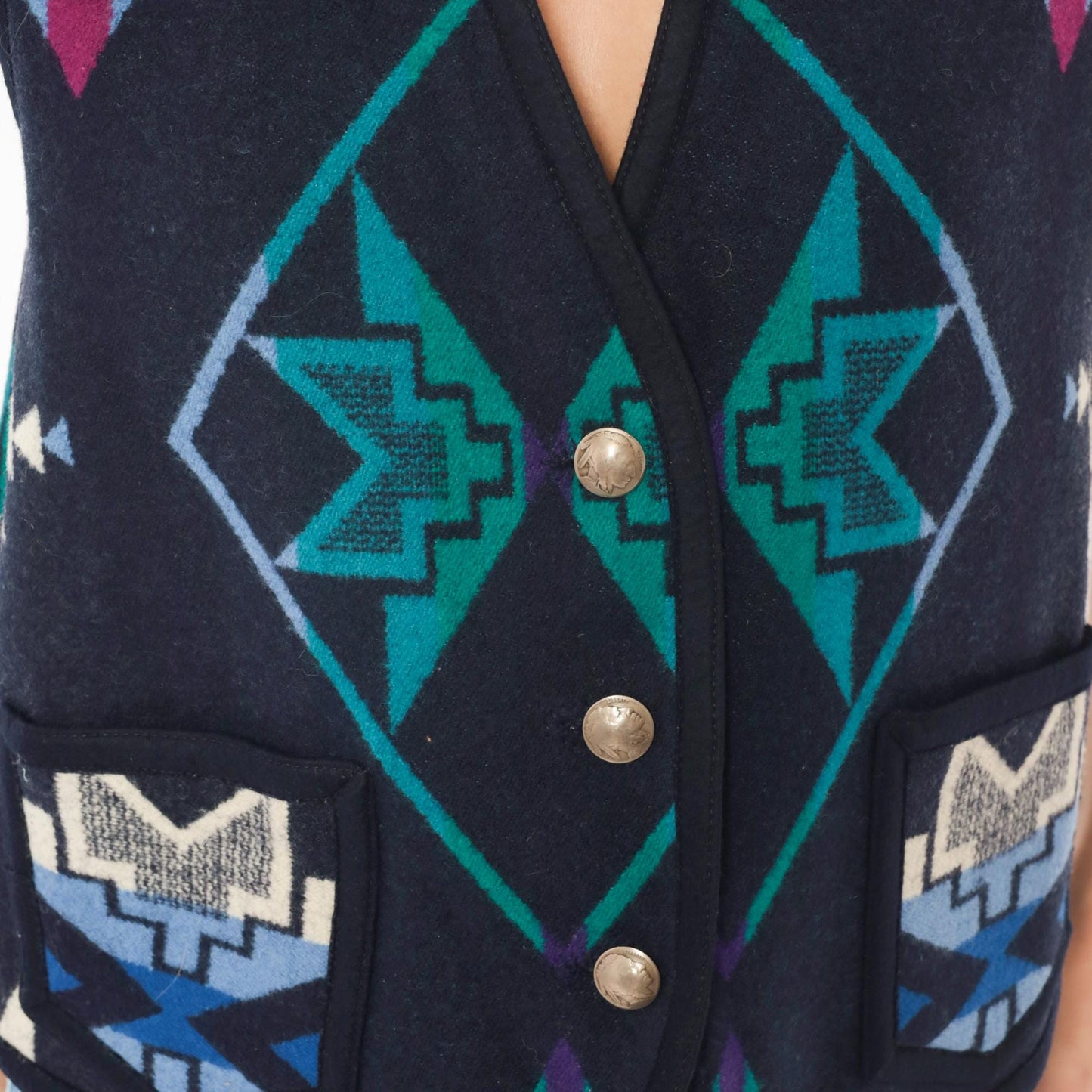 90s Southwestern Wool Vest Navy Geometric Aztec Concho Buttons Large L