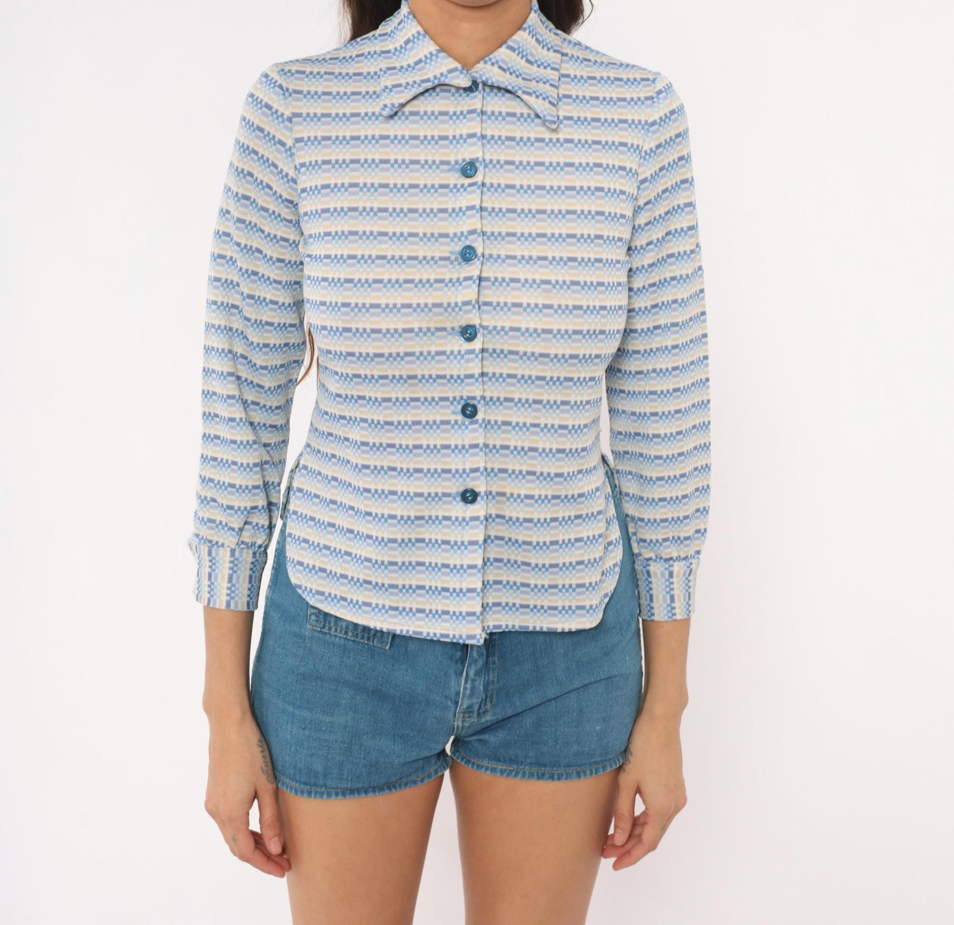 70s Geometric Stripe Button Blouse Blue Tan Pointed Collar Three Quarter Sleeve Extra Small