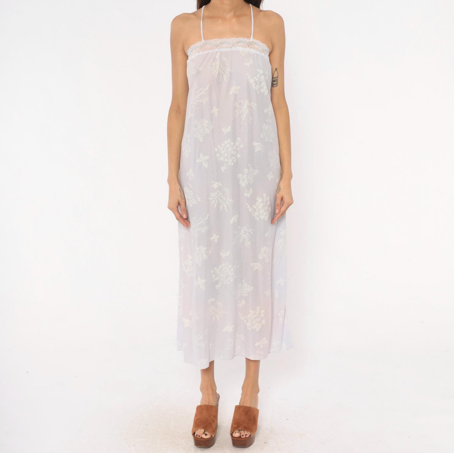 80s Lavender Floral Butterfly Maxi Nightgown Spaghetti Strap Lace Trim Small