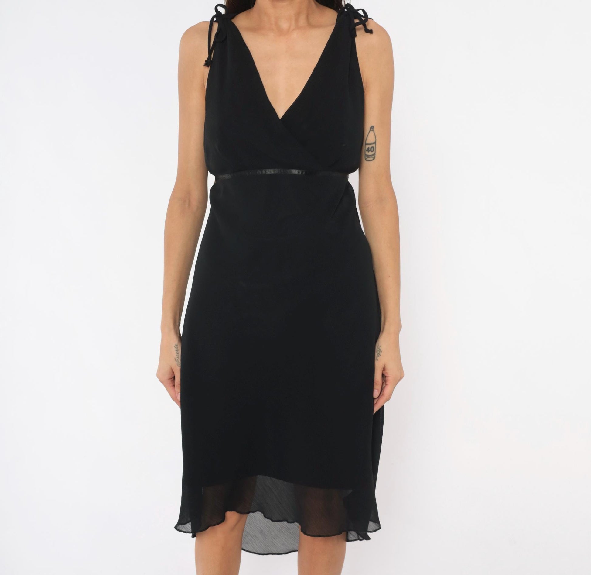 90s Michael Taylor Black Chiffon Wrap Dress Tie Shoulder V Neck Large L