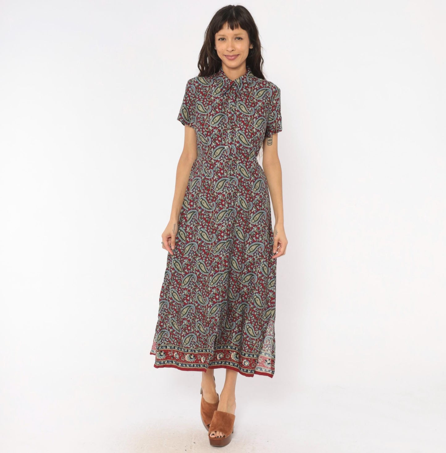 90s Crazy Horse Paisley Maxi Shirtdress Burgundy Small S