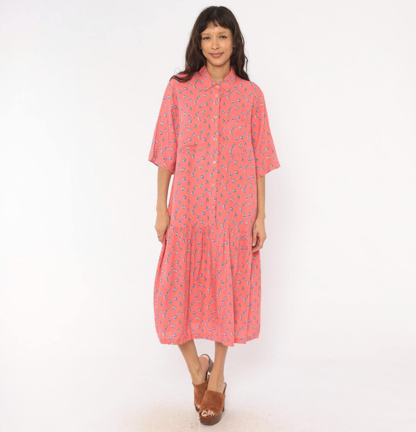 90s Mothercare Maternity Coral Rose Print Midi Dress Button Front Large L