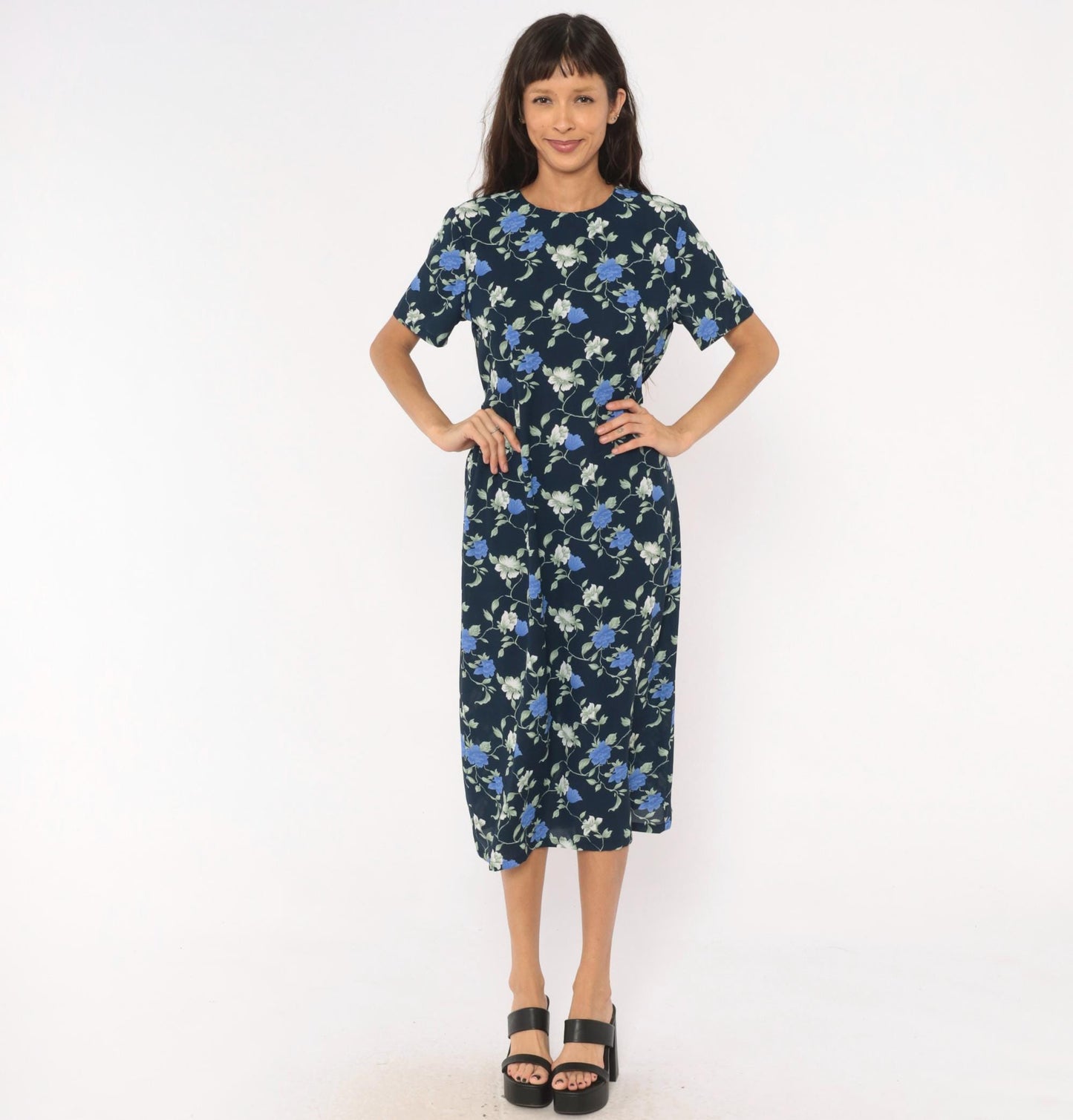 90s J.E. Fashion Floral Midi Dress Navy Blue Rose Print Short Sleeve Medium M