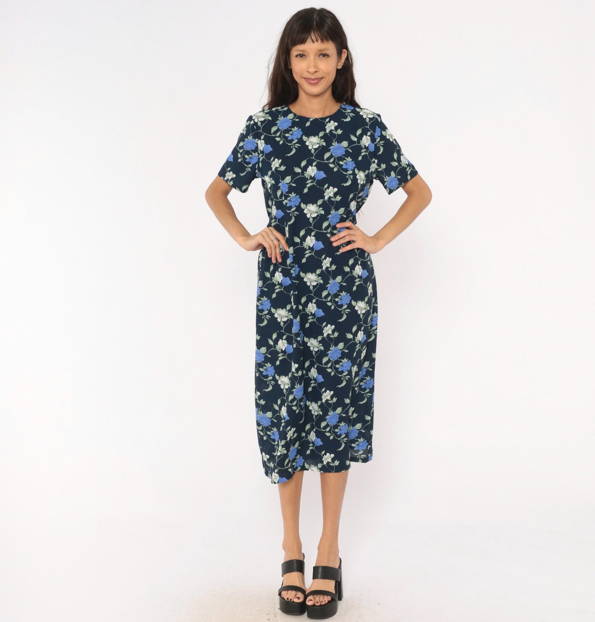 90s J.E. Fashion Floral Midi Dress Navy Blue Rose Print Short Sleeve Medium M
