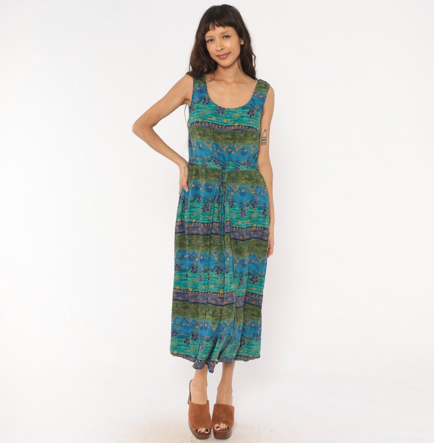 90s Tribal Floral Midi Dress Teal Blue Green Gold Tie Waist Tank Medium M