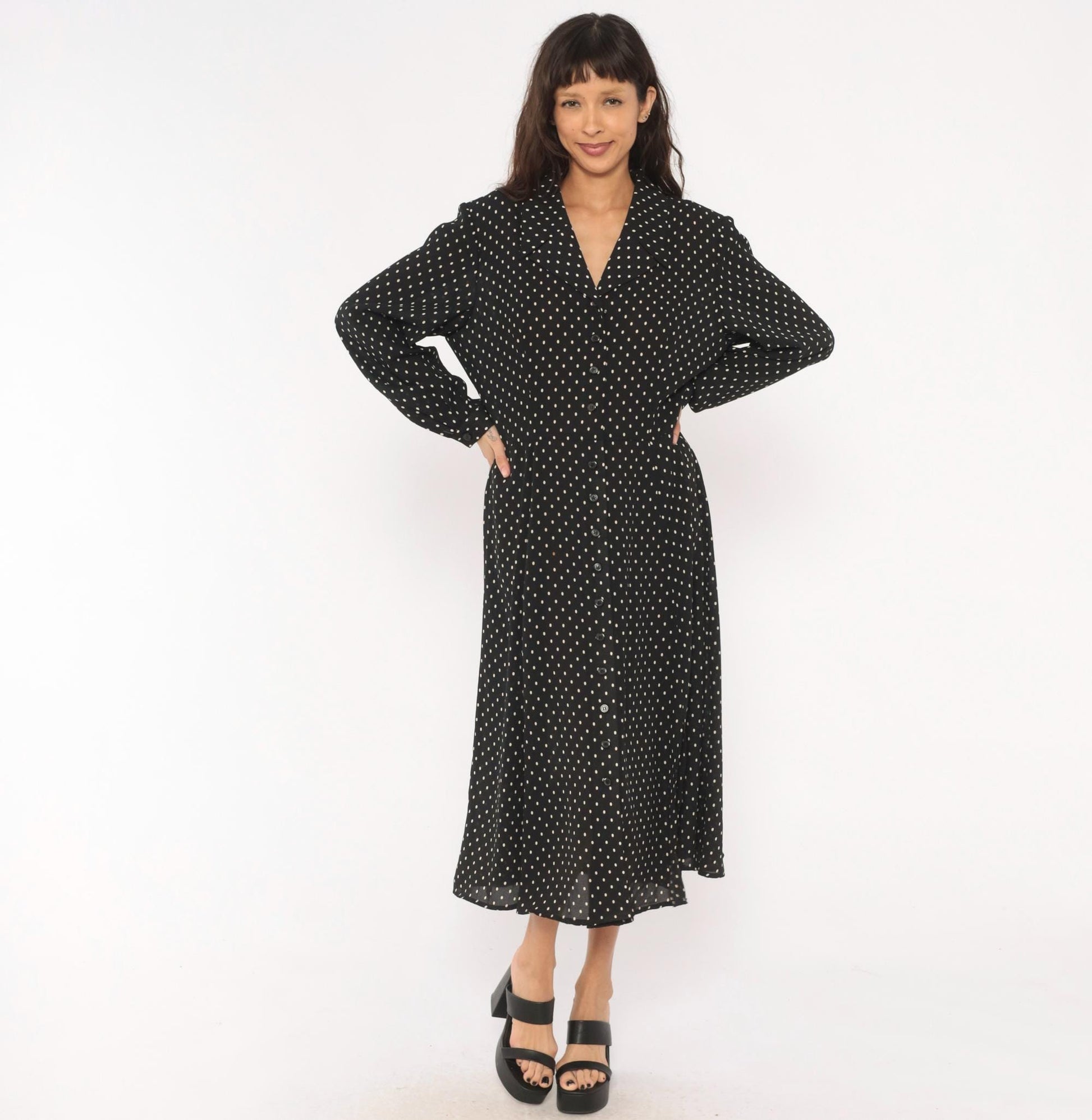90s Liz Claiborne Polka Dot Shirt Dress Black White Midi Collar Extra Large XXL