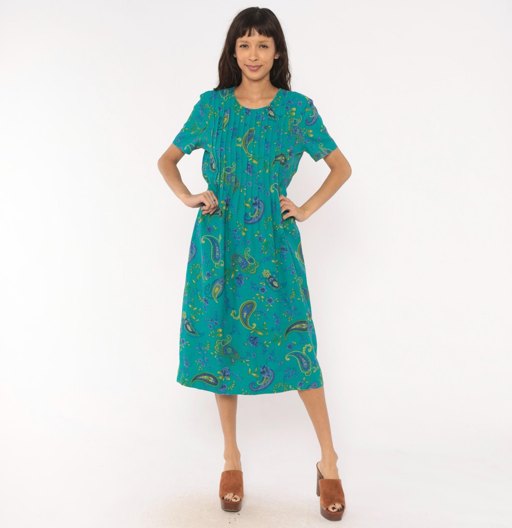 90s Miss Dorby Paisley Pintuck Midi Dress Teal Floral Cotton Medium M