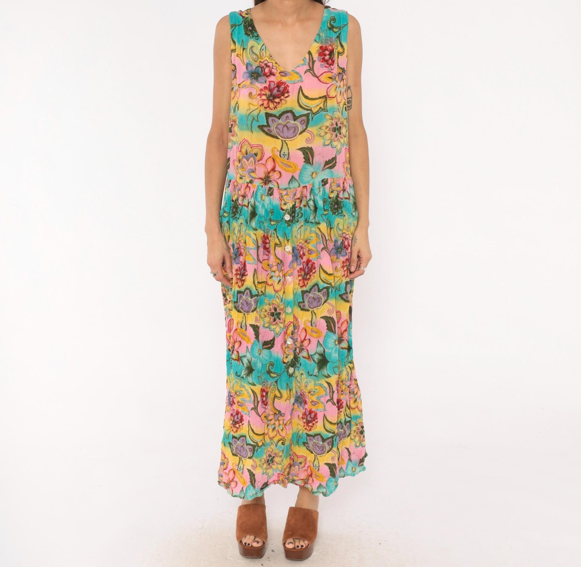 Y2K Bila Floral Maxi Dress Sleeveless V-Neck Tiered Pink Teal Yellow Medium M