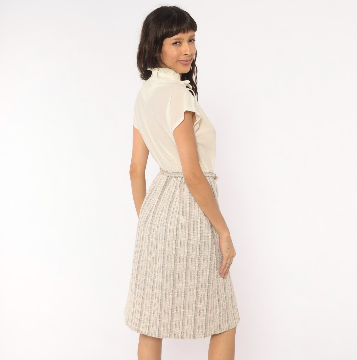 80s Berg Ray Two-Piece Set Sheer Cream Blouse Tan Tweed Skirt Medium M