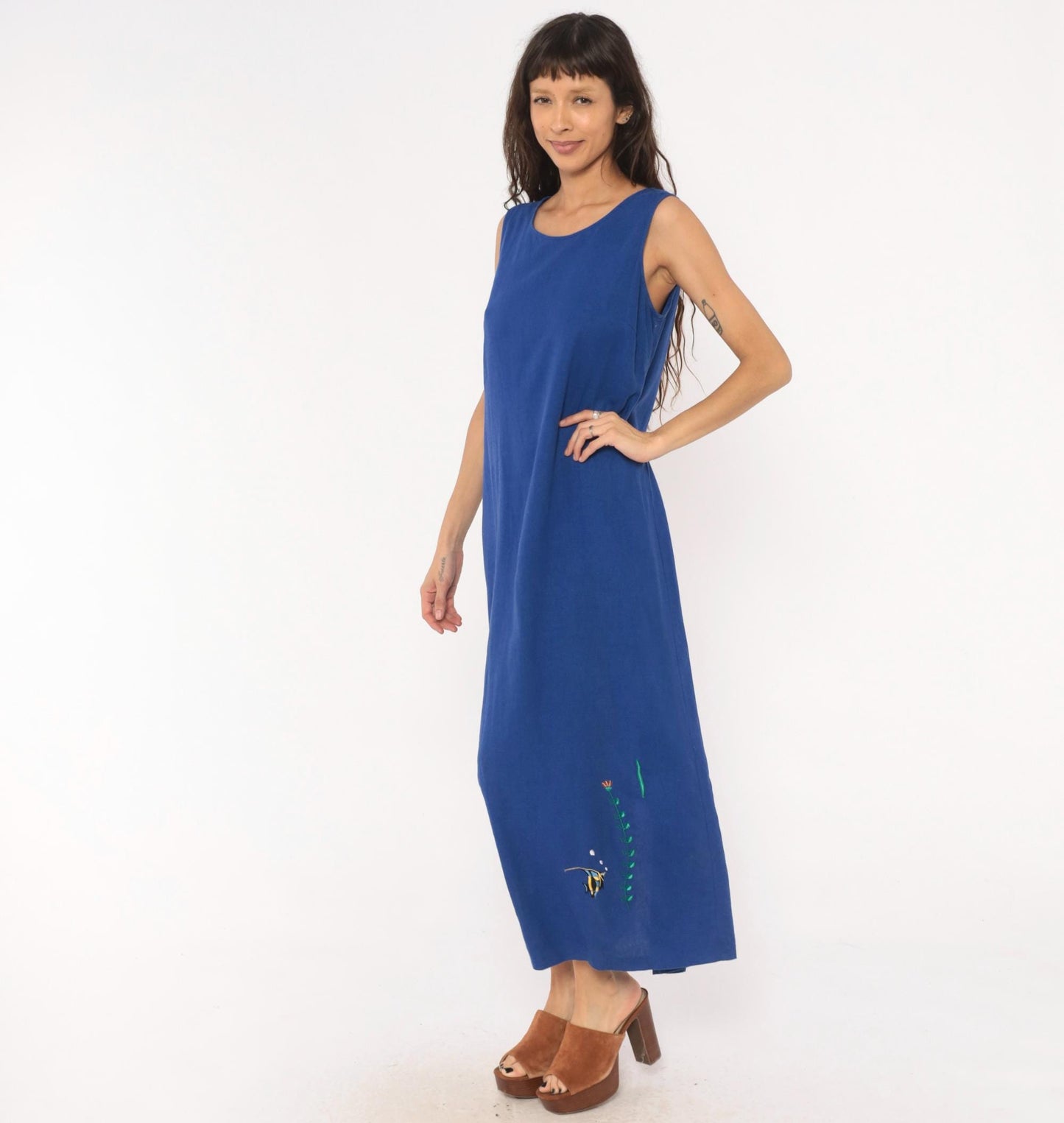 90s Ultra Dress Cobalt Linen Maxi Dress Angelfish Embroidered Medium Large