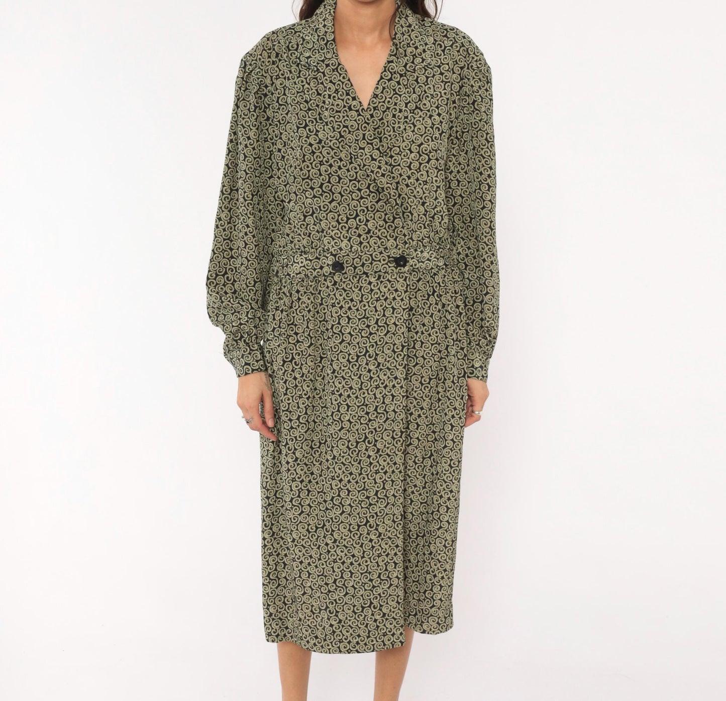 90s Liz Claiborne Navy Olive Scroll Print Midi Shirtdress Large L