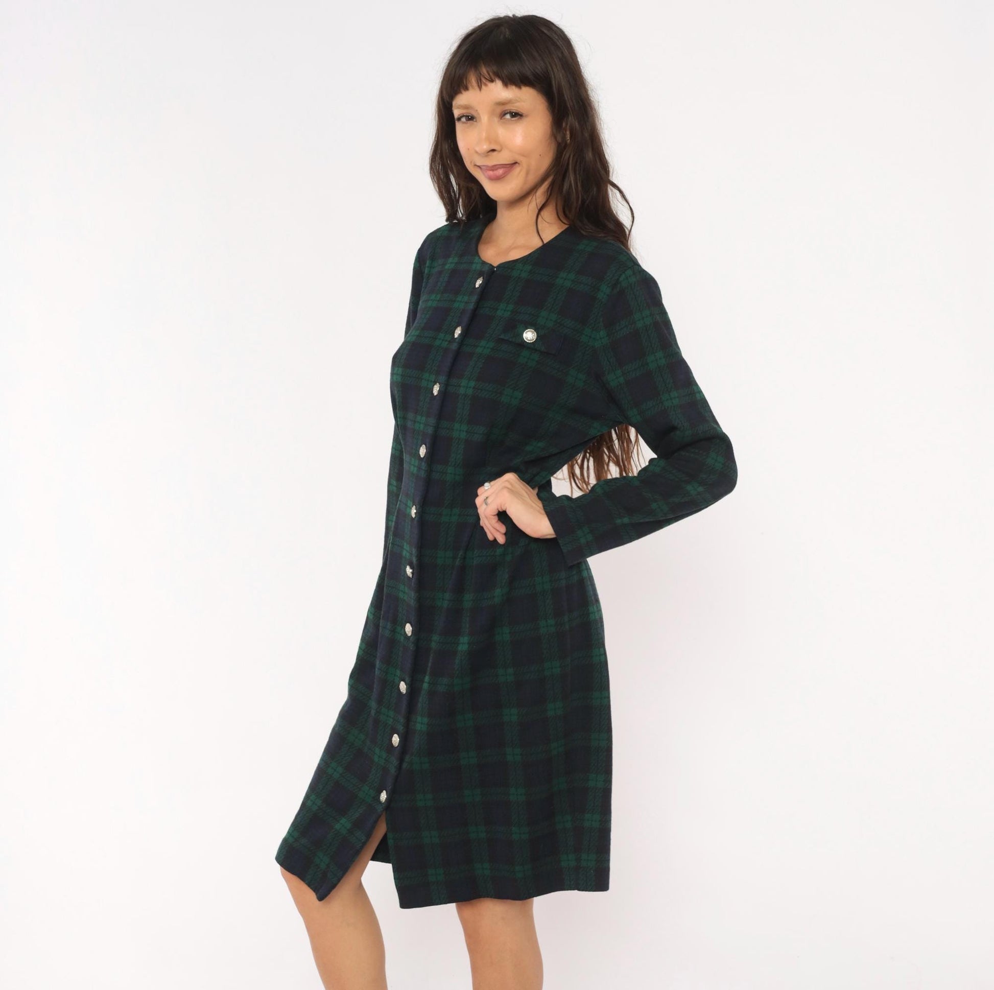 90s Miss Dorby Tartan Plaid Button-Front Shirtdress Navy Teal Cotton Large L