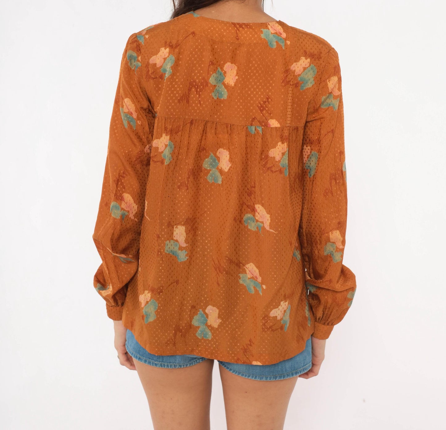 70s Floral Open Front Blouse Rust Copper Puff Sleeve Dobby Weave Small S