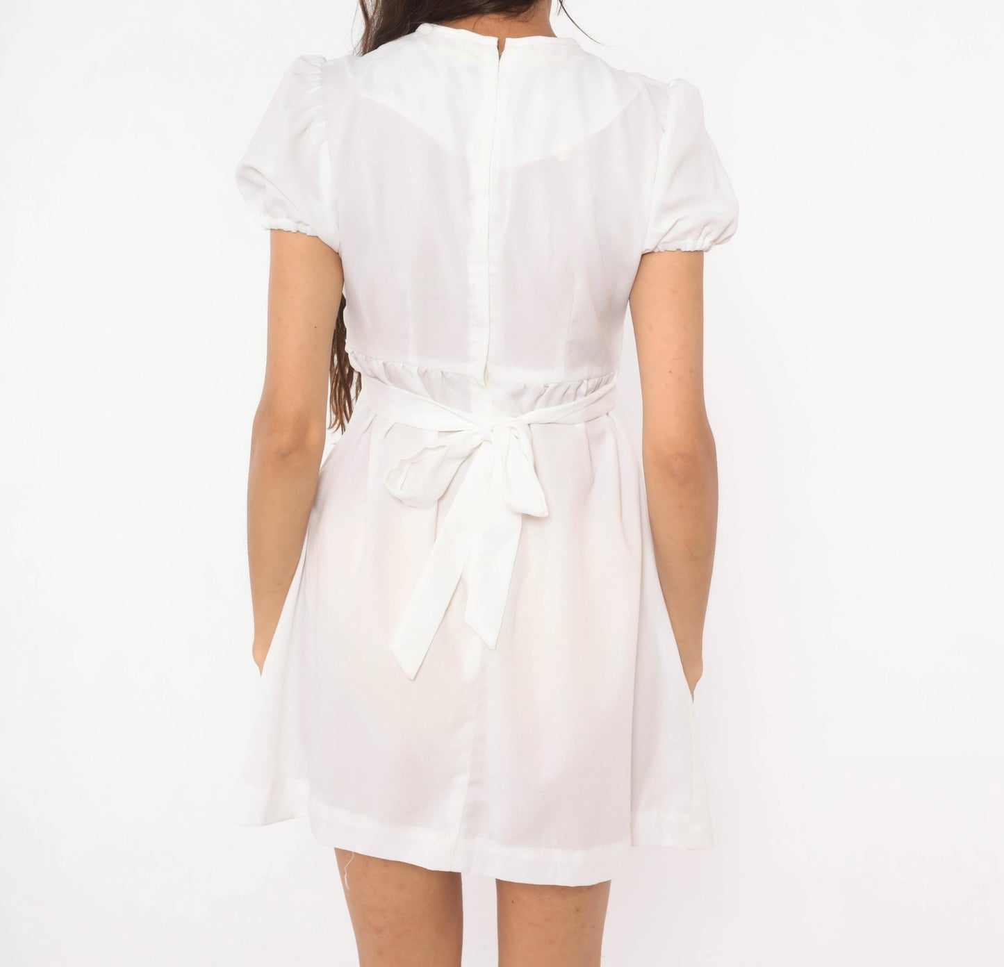 70s Sears Jr White Pink Quilted Puff Sleeve Mini Dress A-Line Small