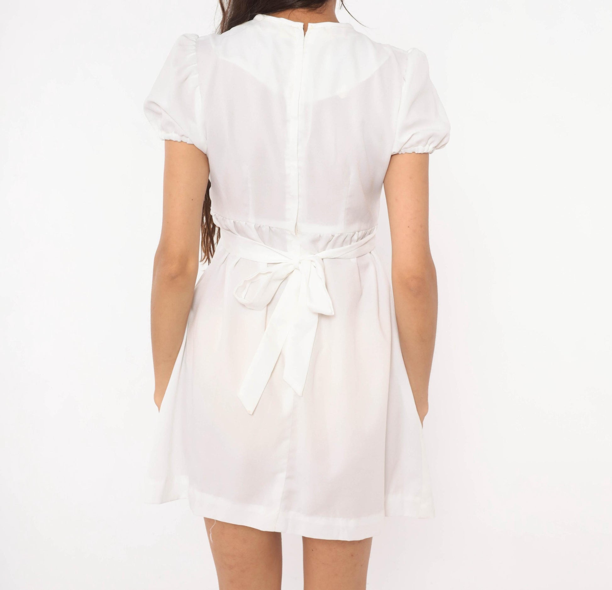 70s Sears Jr White Pink Quilted Puff Sleeve Mini Dress A-Line Small