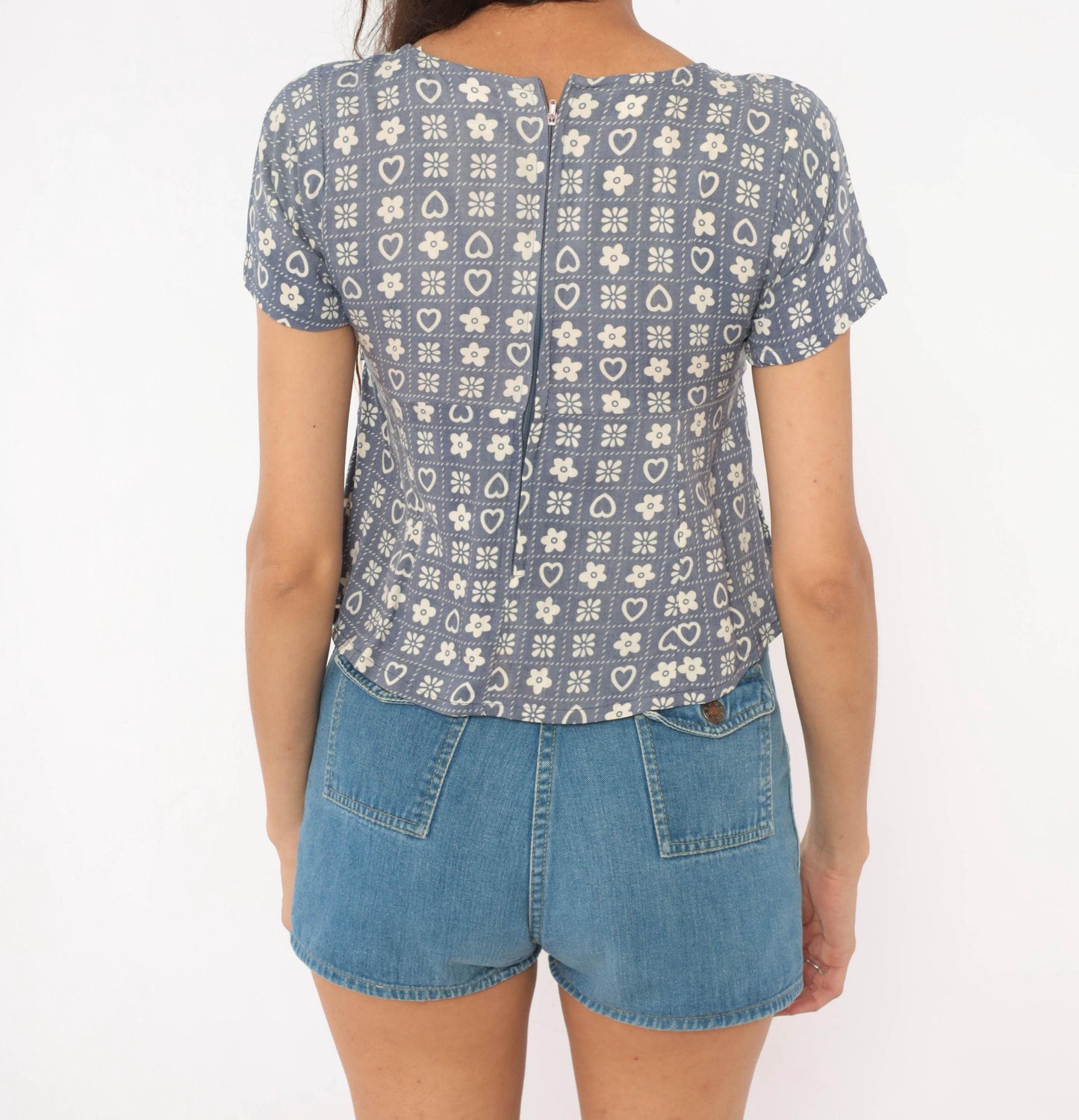 80s New Moves Hearts Flowers Grid Print Blouse Blue White Peplum Crop Extra Small XS