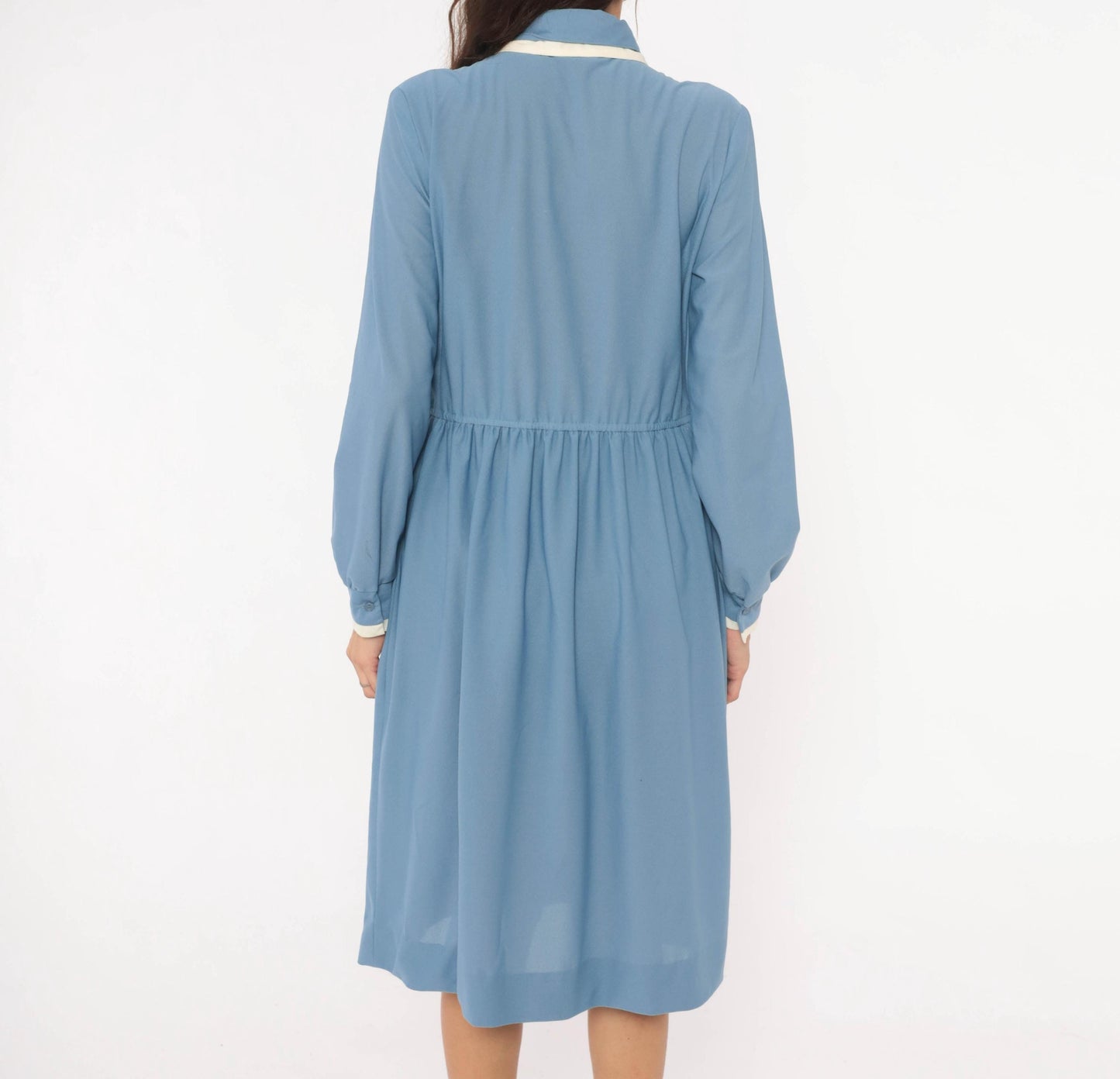 70s Stellas Powder Blue Shirt Dress Gathered Waist Knee Length Medium M