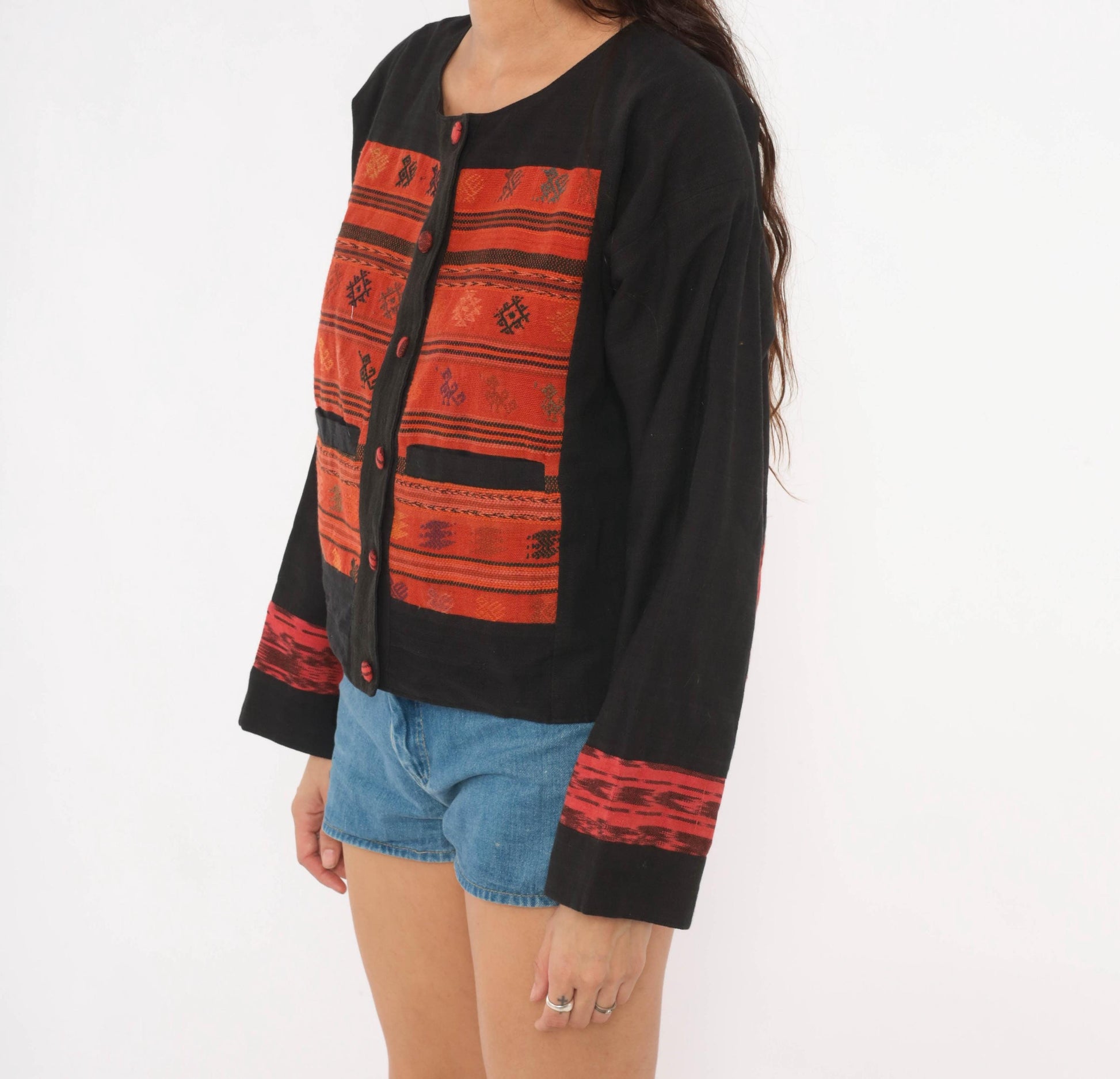 90s Black Cotton Ikat Woven Jacket Red Geometric Folk Art Medium M