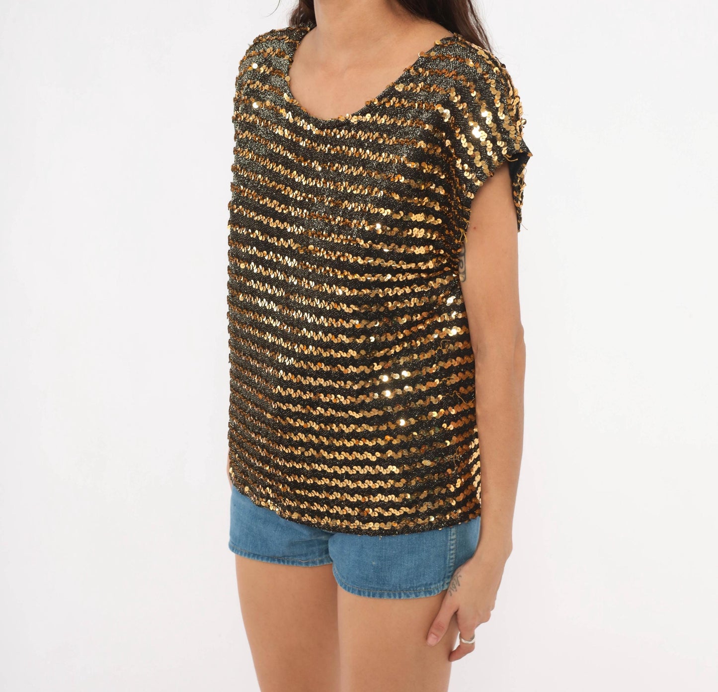 90s Jeri Marque Gold Sequin Striped Knit Top Black Cap Sleeve Medium Large