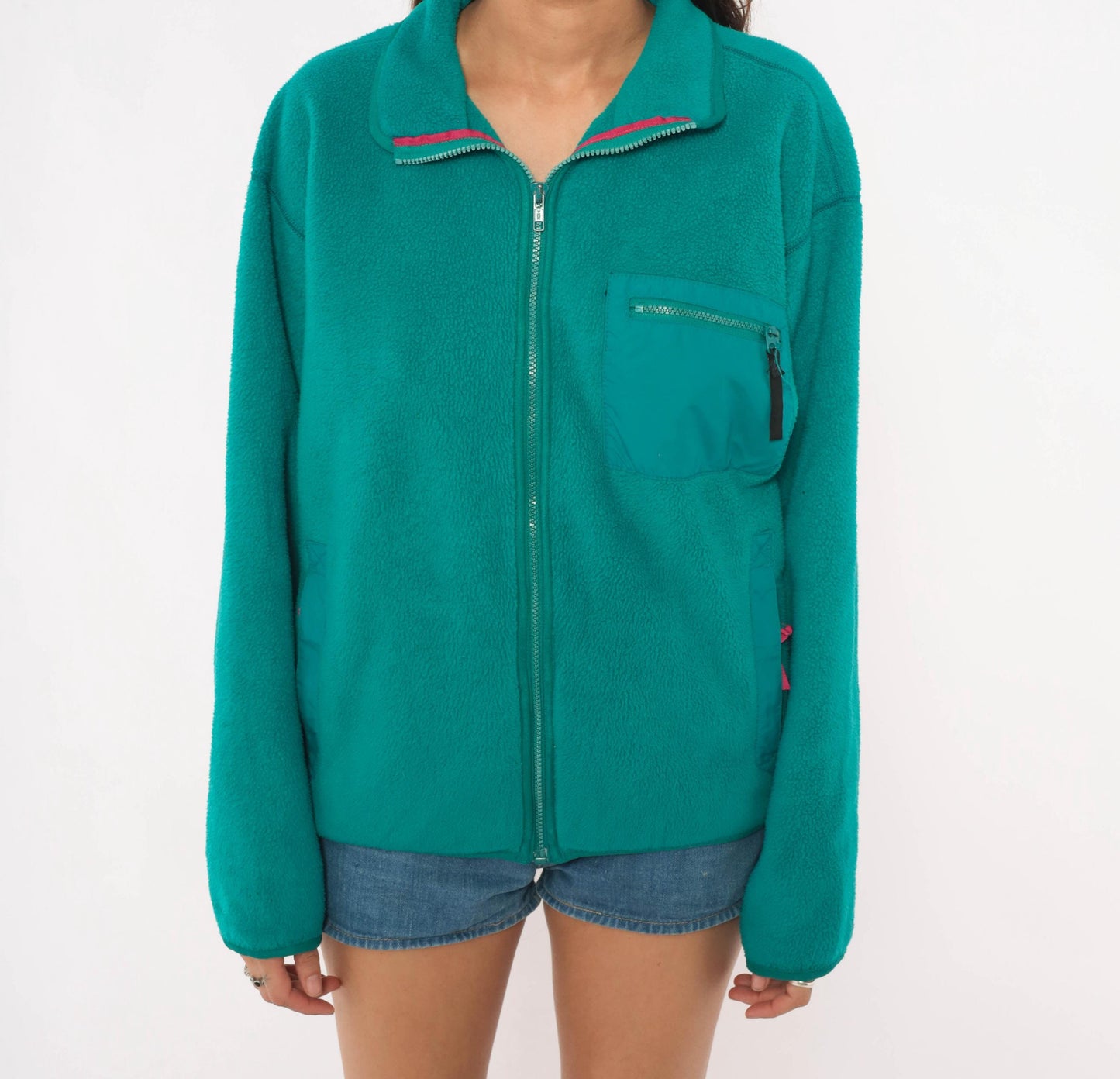 90s Patagonia Teal Fleece Full Zip Jacket Pink Trim Large L