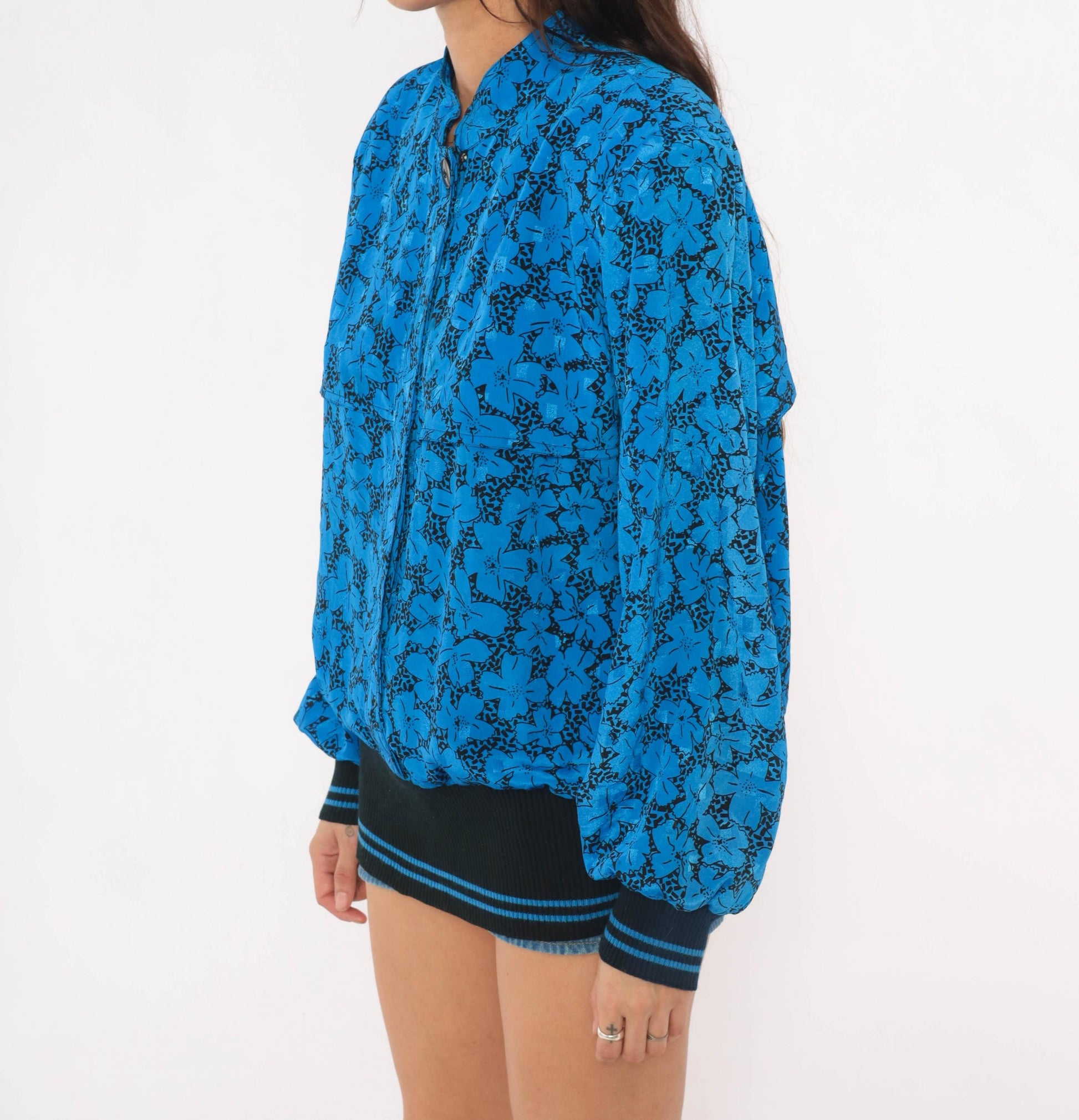 80s B.G.B.Ltd. Floral Bomber Blouse Cobalt Blue Black Mandarin Collar Large L