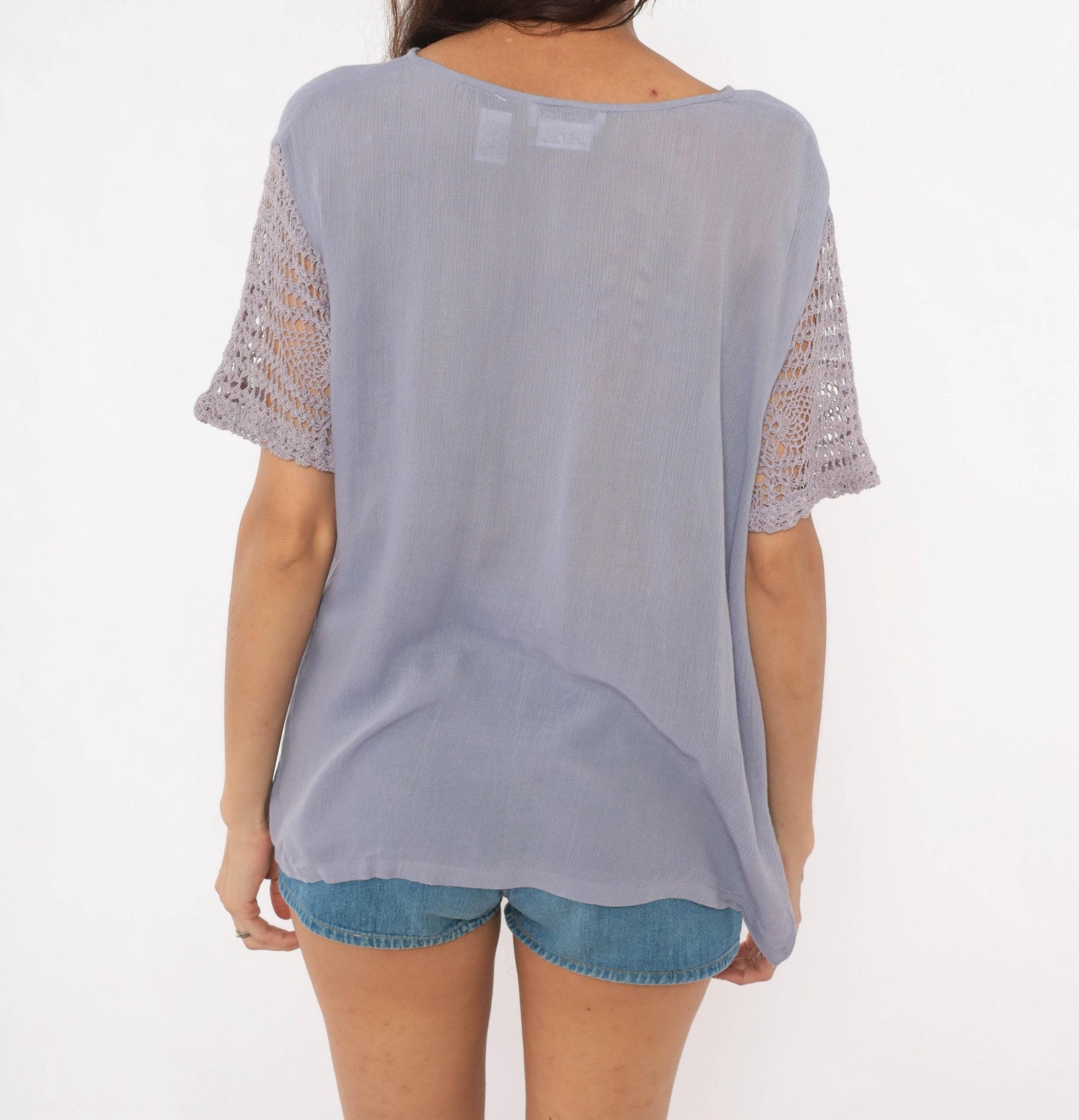 90s Marisol Lavender Crochet Sleeve Blouse Semi Sheer V-Neck Small