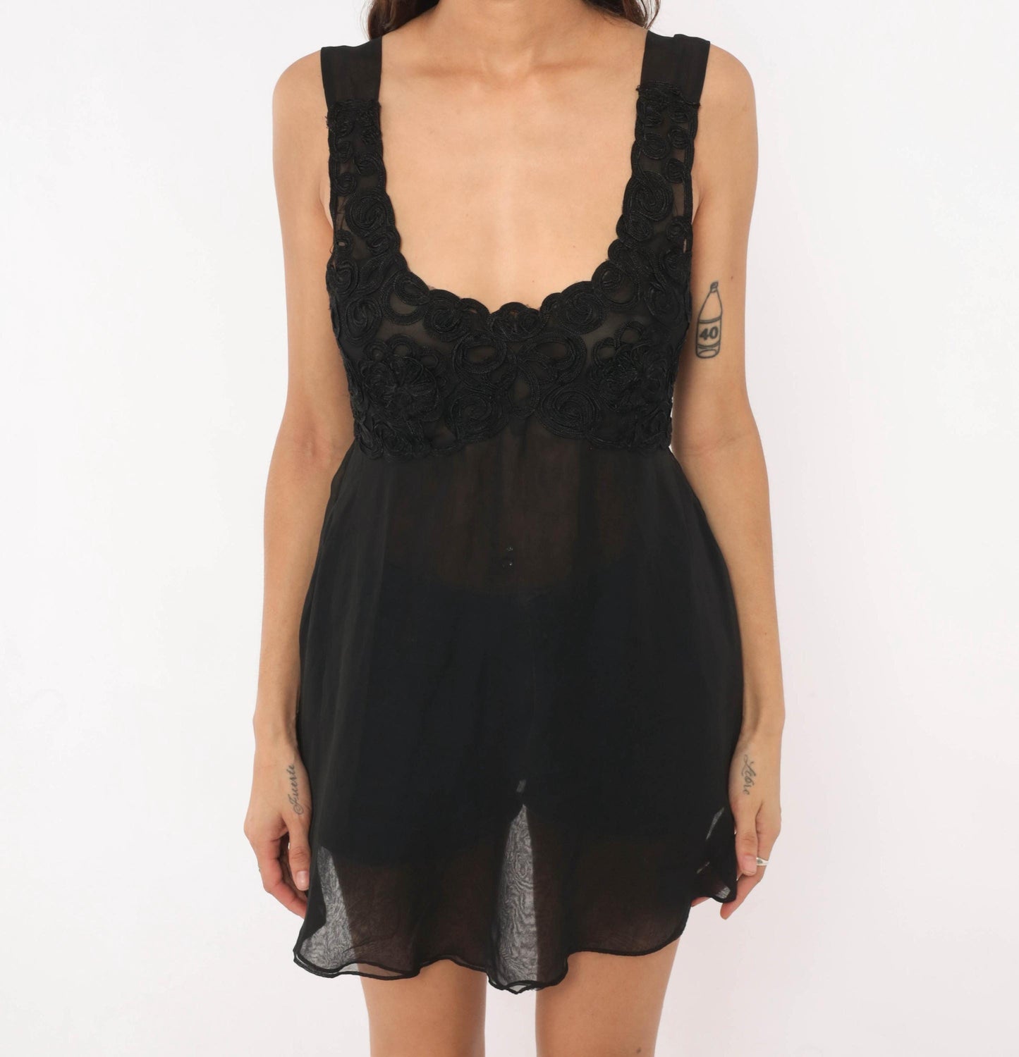 90s F Cera Black Lace Babydoll Chemise Rosette Embroidered Mini Slip Small S