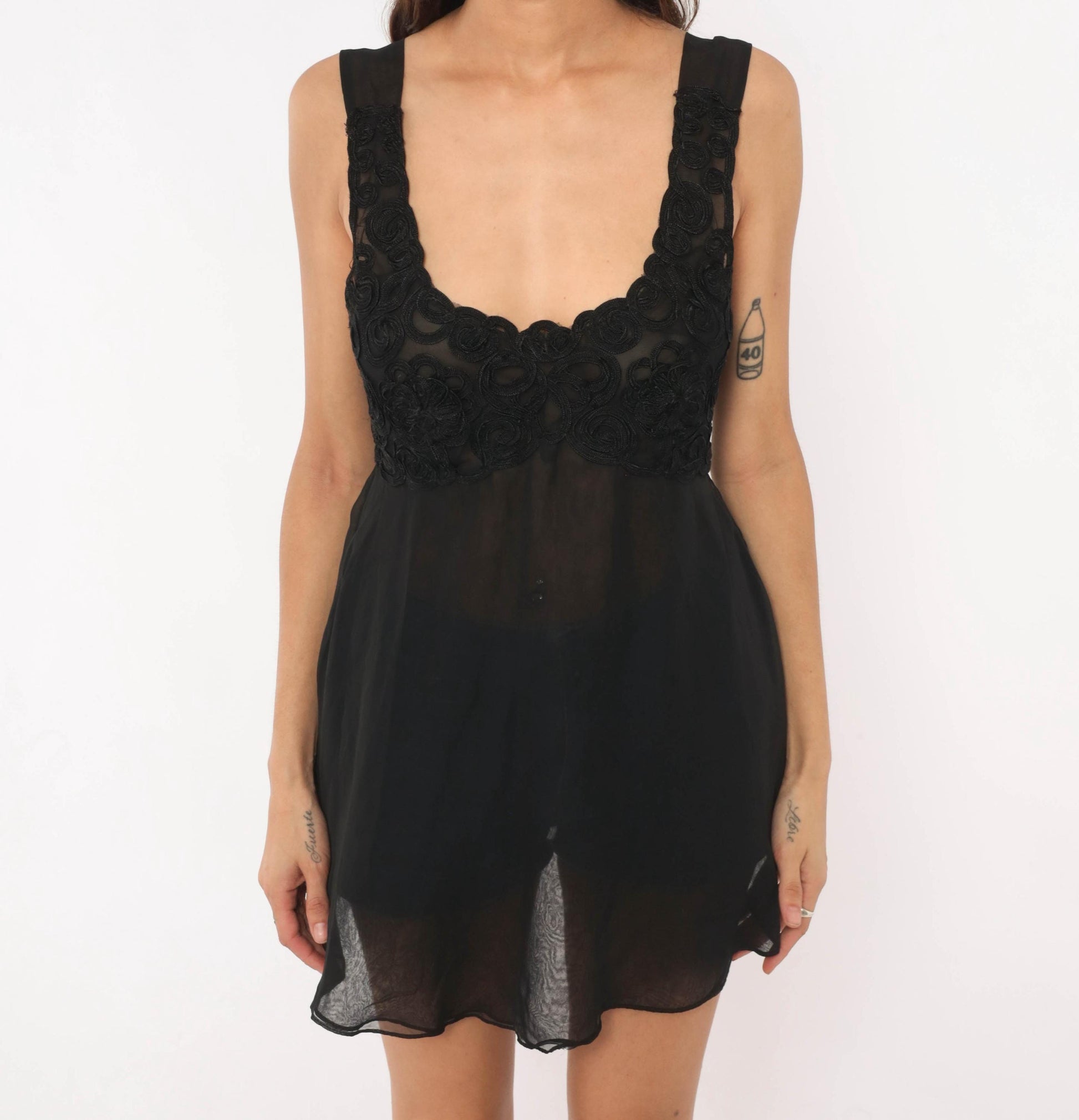 90s F Cera Black Lace Babydoll Chemise Rosette Embroidered Mini Slip Small S