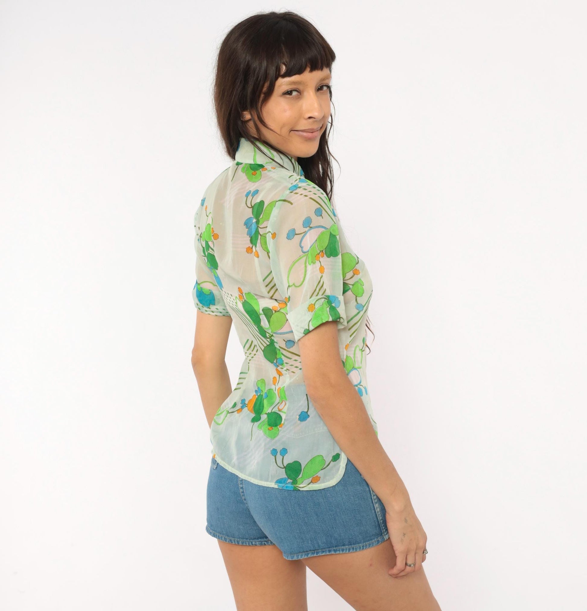 70s Nobel Floral Button-Up Blouse Mint Green Blue Orange Pointed Collar Small