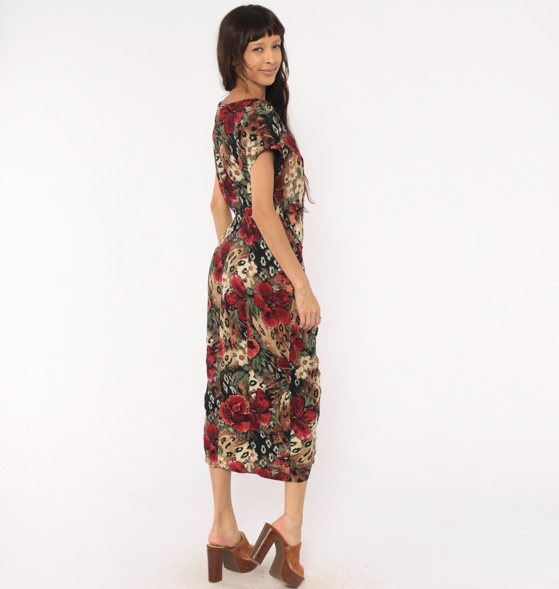 90s Lew Magram Floral Leopard Midi Dress Red Hibiscus Animal Print Large L