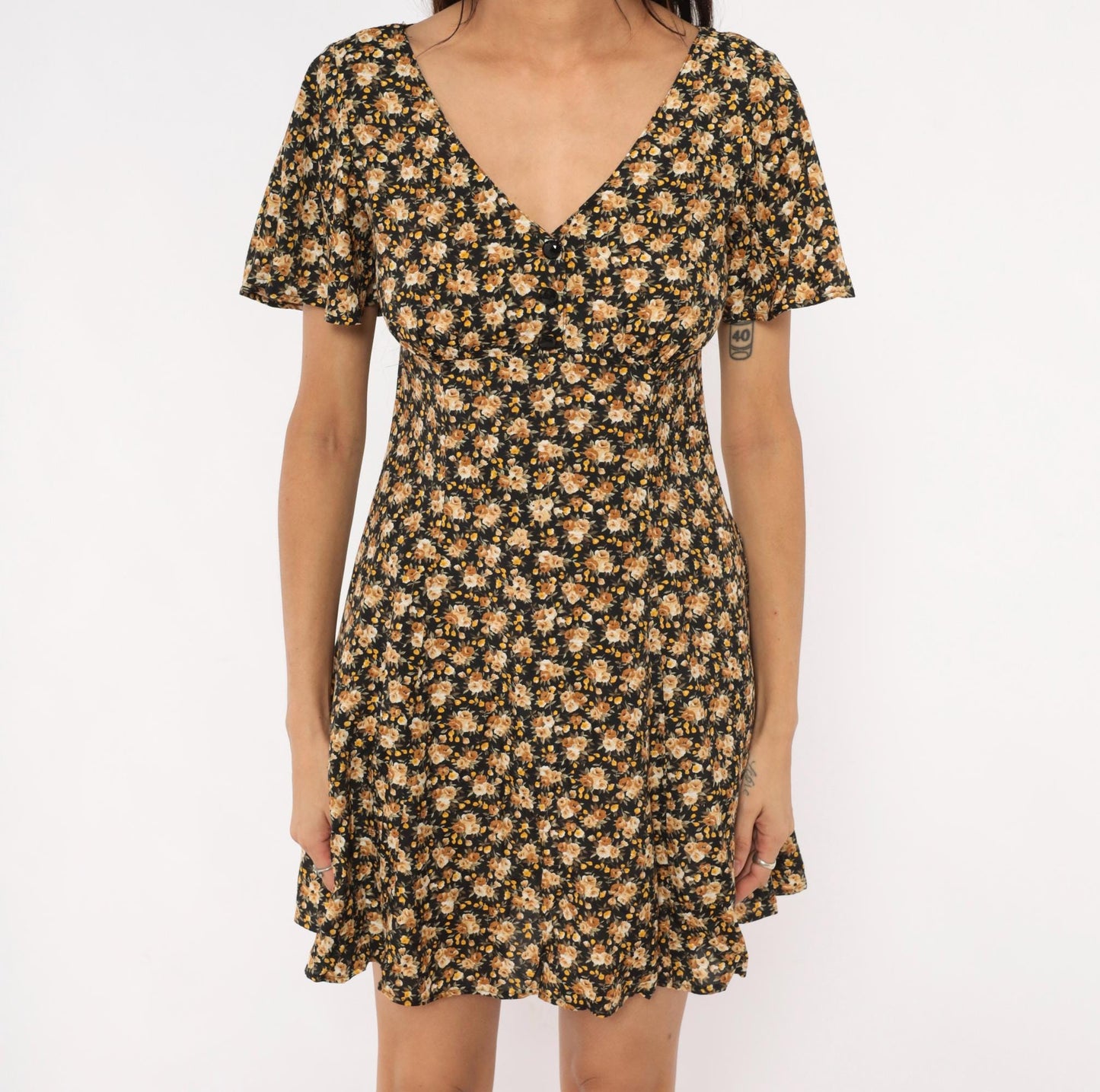 90s Contempo Casuals Floral Mini Dress Black Peach Rose V-Neck Flutter Sleeve Small S