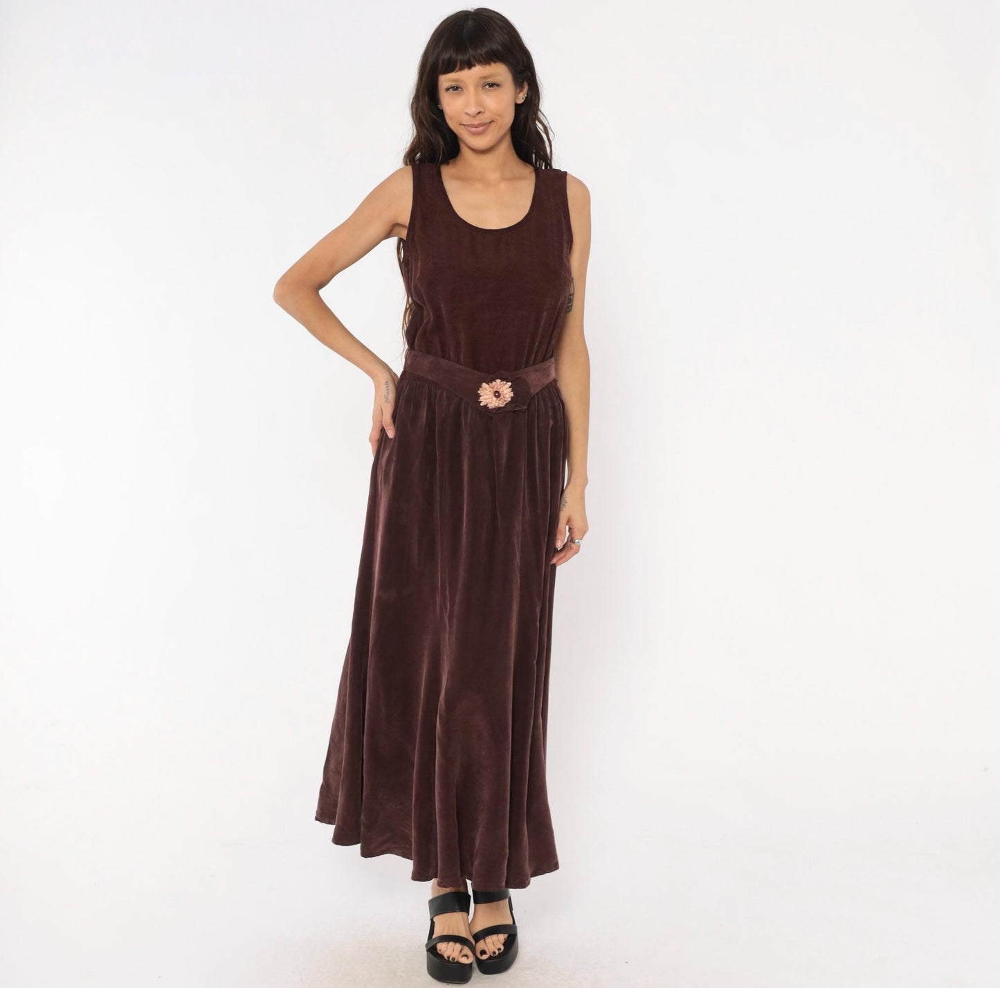 90s Plum Velvet Maxi Dress Sleeveless Scoop Neck Floral Belt Small Medium
