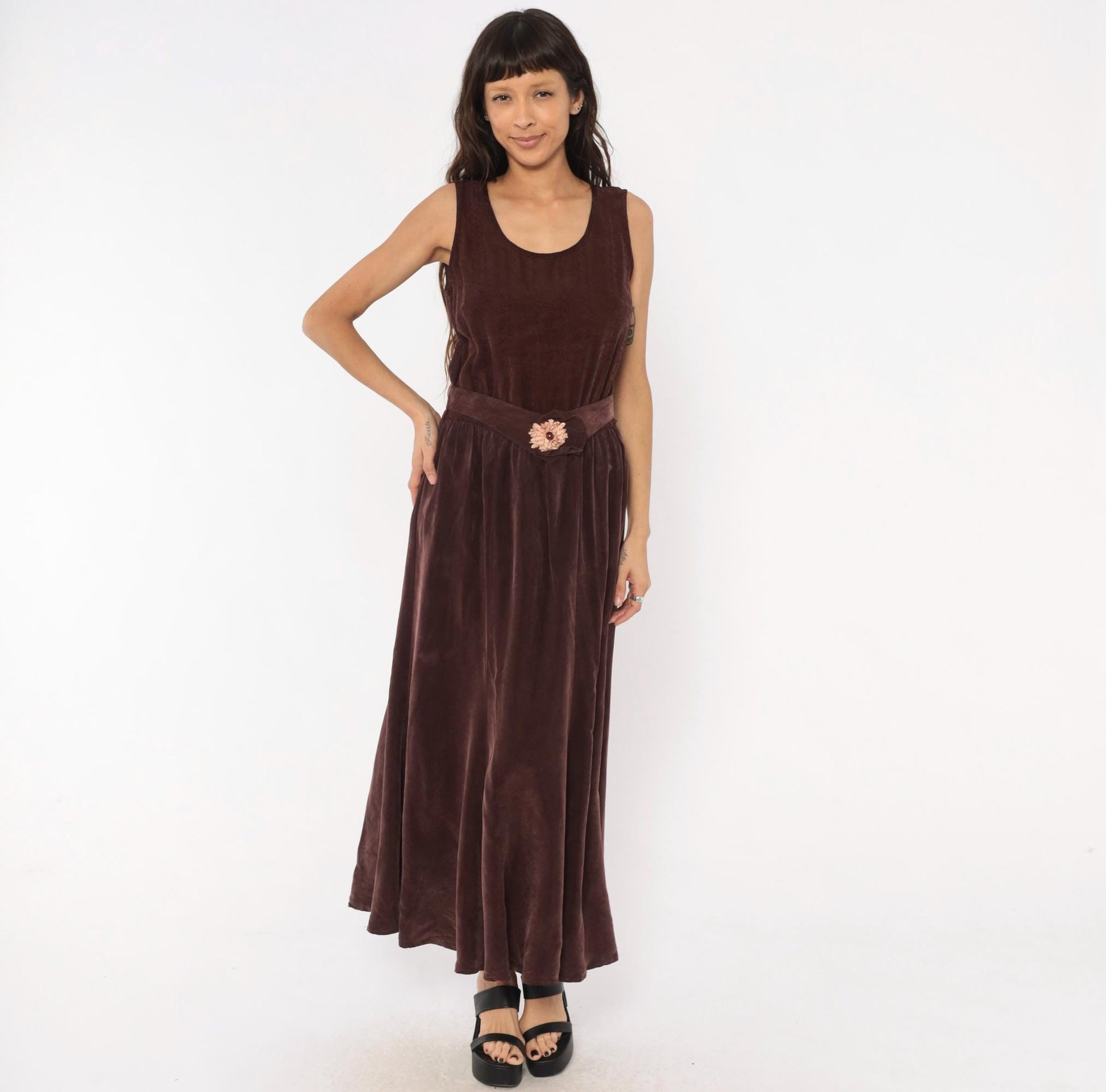 90s Plum Velvet Maxi Dress Sleeveless Scoop Neck Floral Belt Small Medium