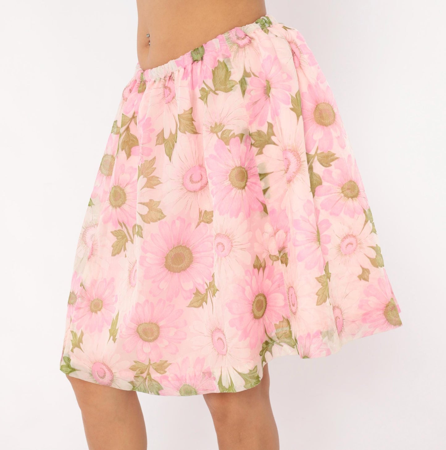 70s Pink Daisy Floral Skirt Gathered Waist A-Line Knee Length Medium Large