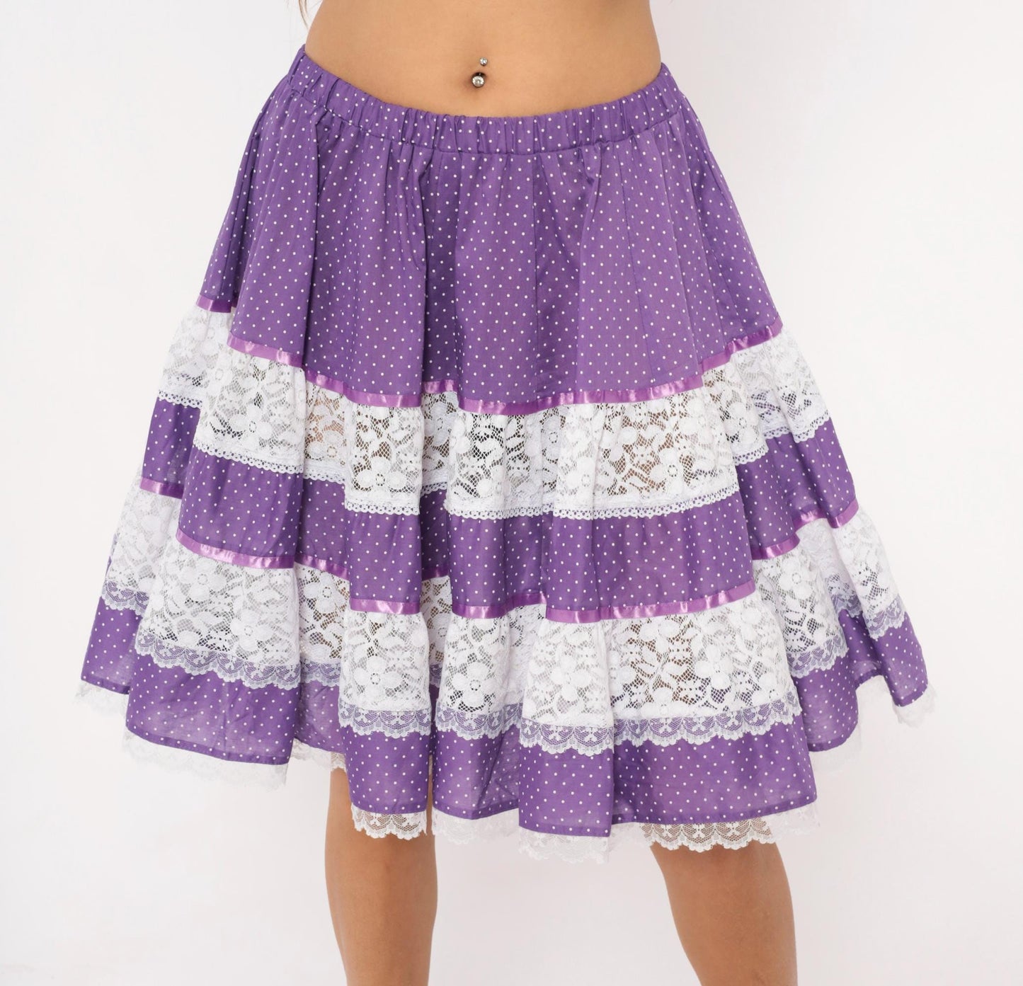 80s Purple Polka Dot Tiered Skirt Carefree Fashions Lace Trim Cotton Medium
