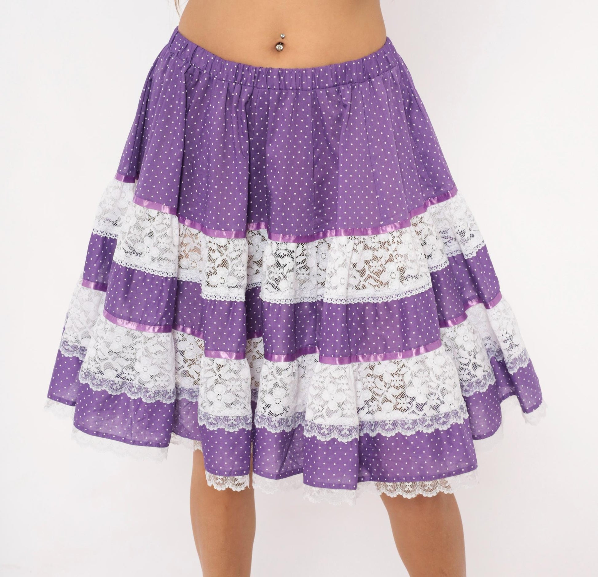 80s Purple Polka Dot Tiered Skirt Carefree Fashions Lace Trim Cotton Medium